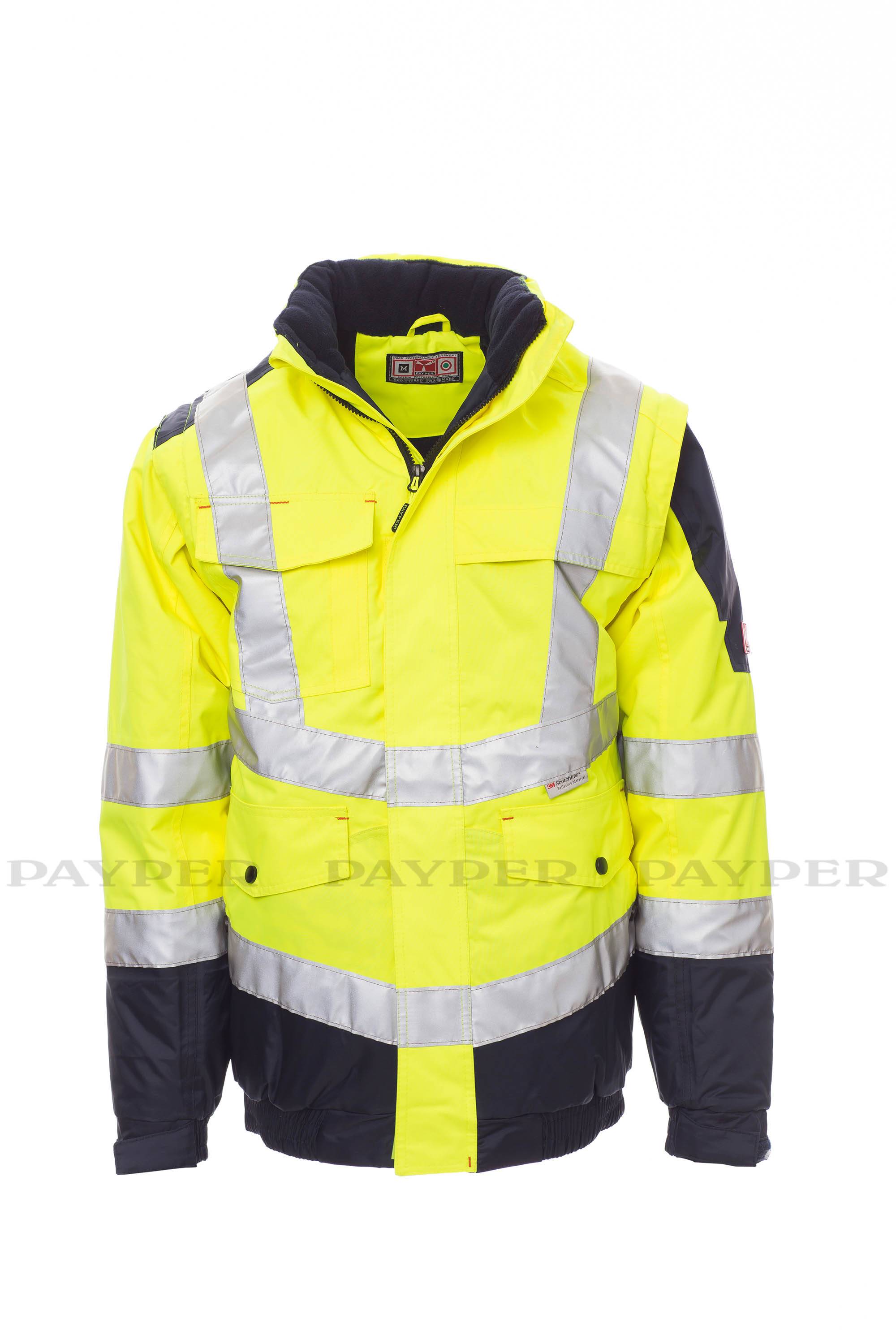Hochsichtbare gelbe und dunkelblau Sicherheitsjacke mit reflektierenden silbernen Streifen, Vorderansicht auf weißem Hintergrund dargestellt.