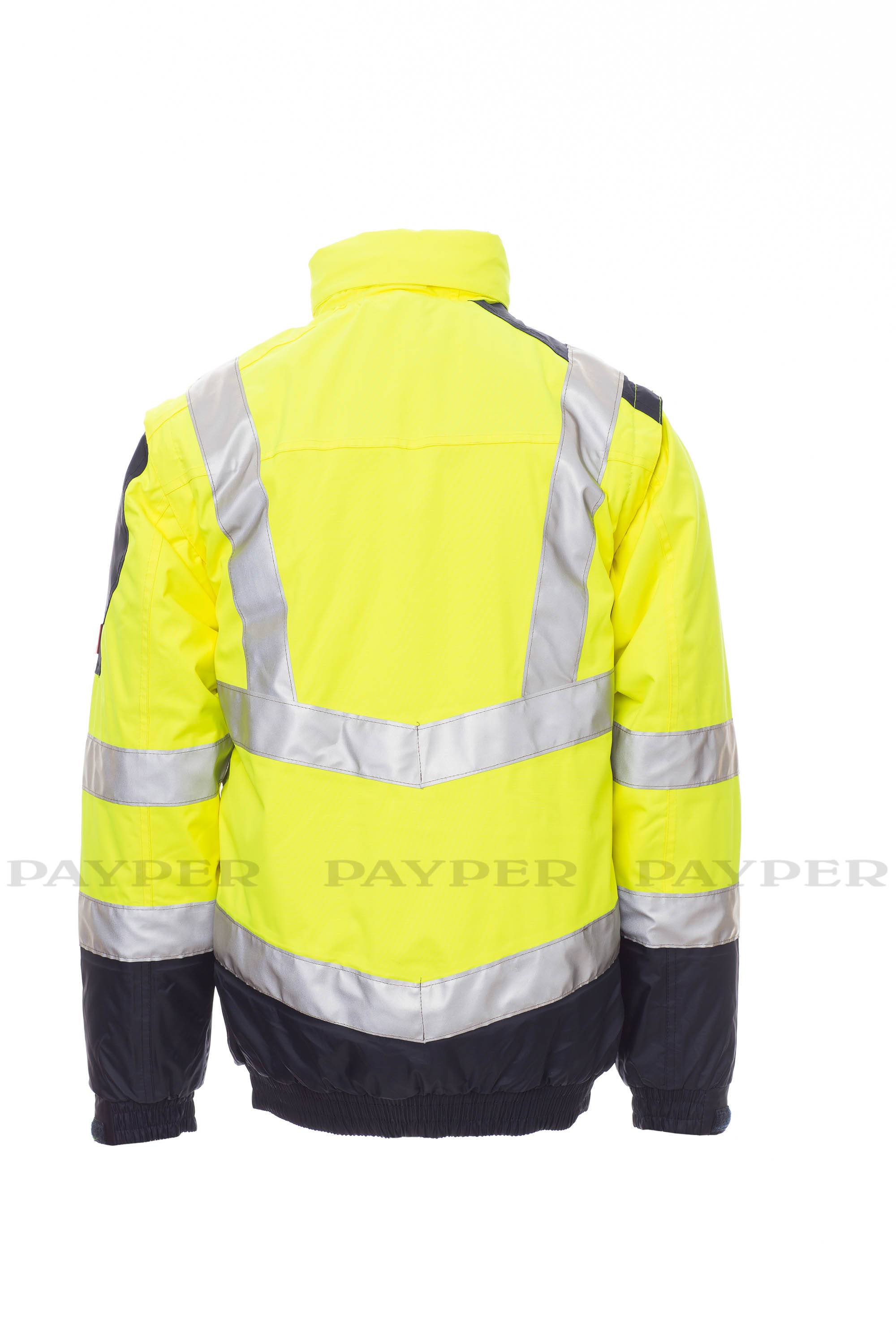 Rückansicht einer hochsichtbaren gelben Jacke mit silbernen reflektierenden Streifen und dunkelblauen Ärmeln und Saum auf einfachem weißem Hintergrund.