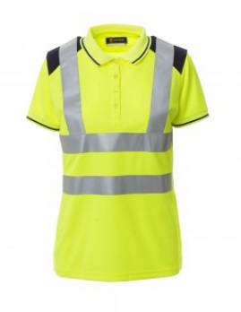 Hochsichtbares Neon-Gelb Kurzarm-Poloshirt mit reflektierenden grauen Streifen und dunklen Schulterbereichen, Vorderansicht auf weißem Hintergrund.