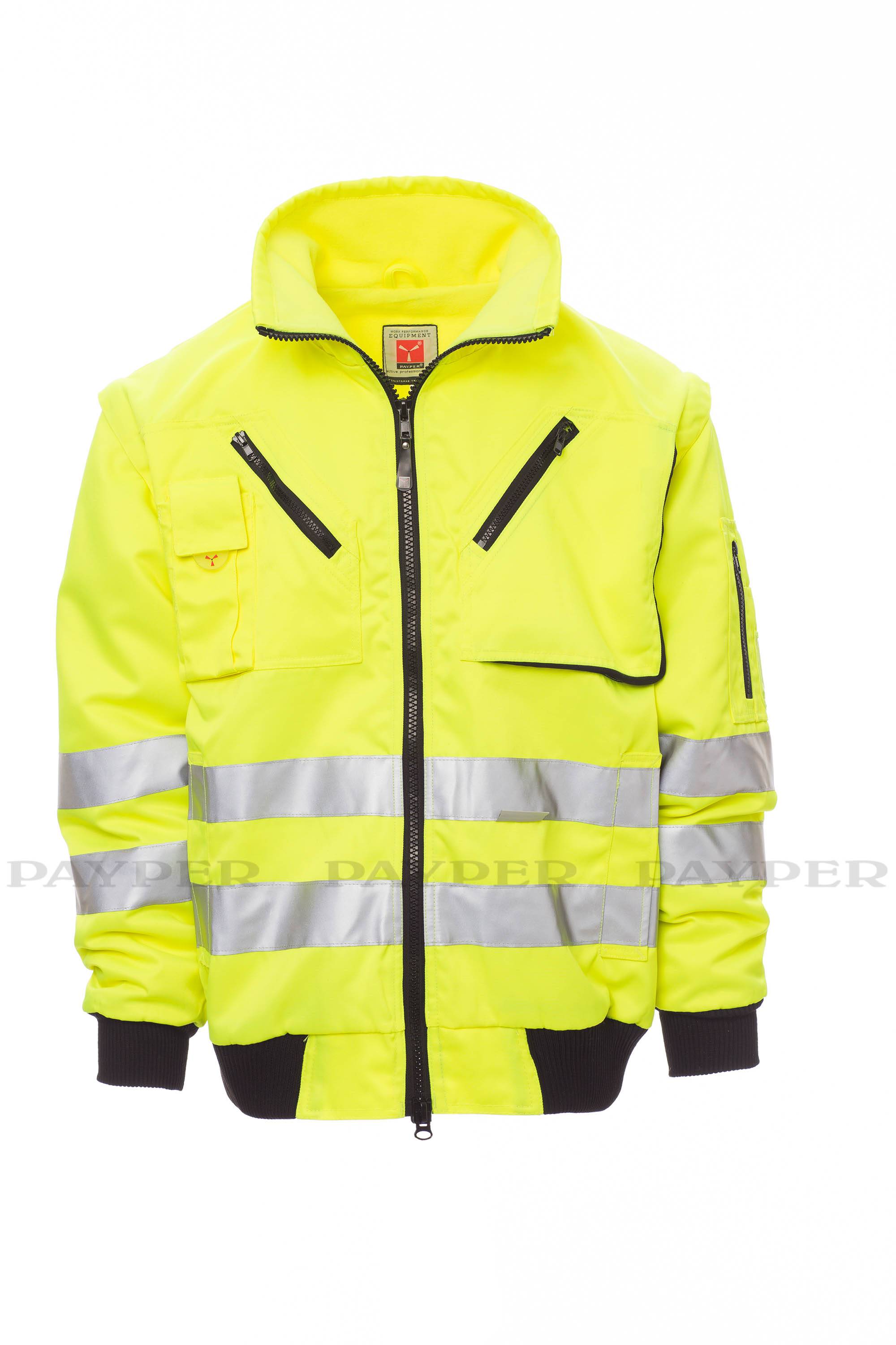 Fluoreszierendes gelbes Warnweste mit reflektierenden Streifen, Frontreißverschluss und mehreren Taschen auf weißem Hintergrund.