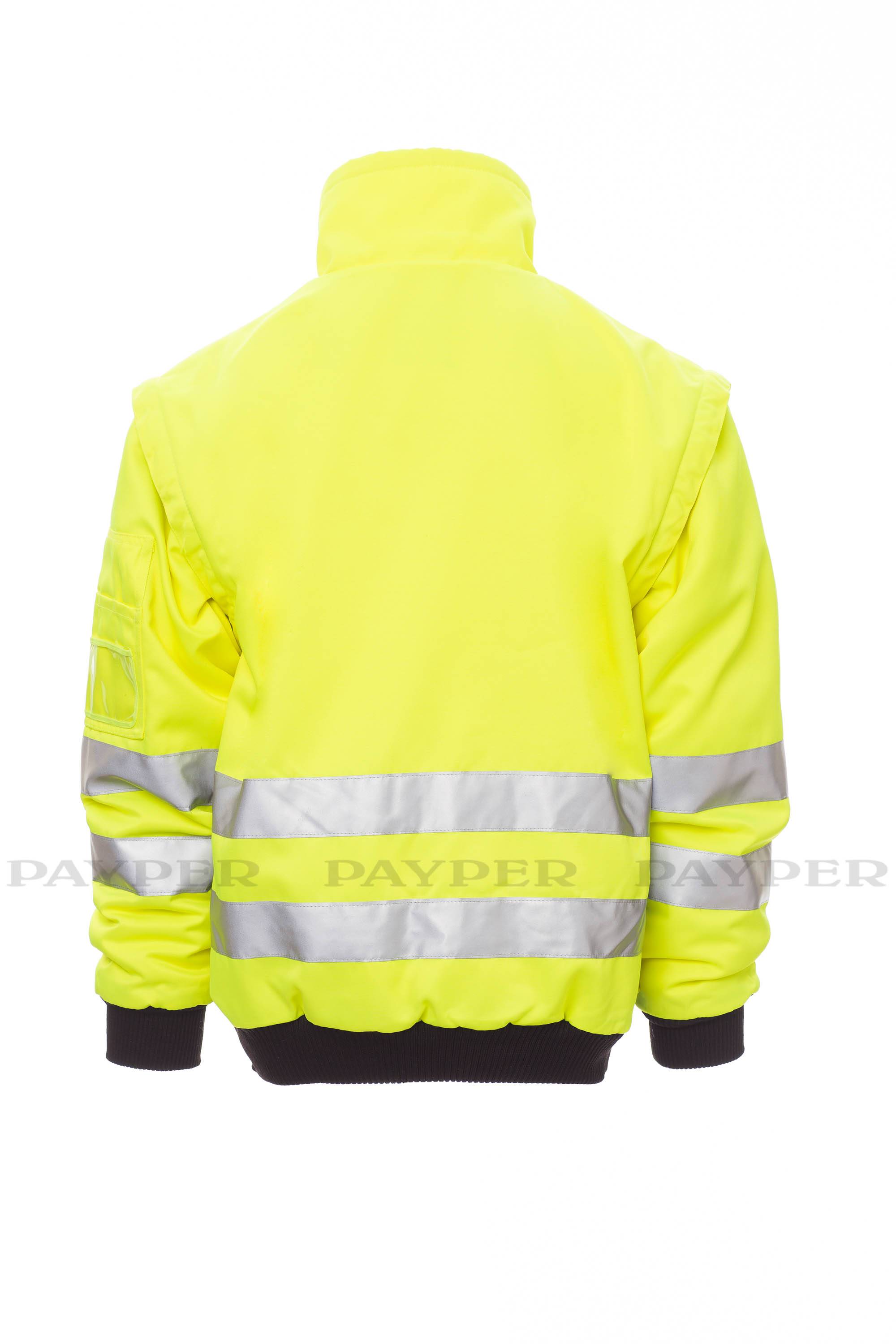 Hochsichtbare neongelbe Weste, von hinten gezeigt, mit reflektierenden silbernen Streifen und schwarzen Bündchen und Saum.