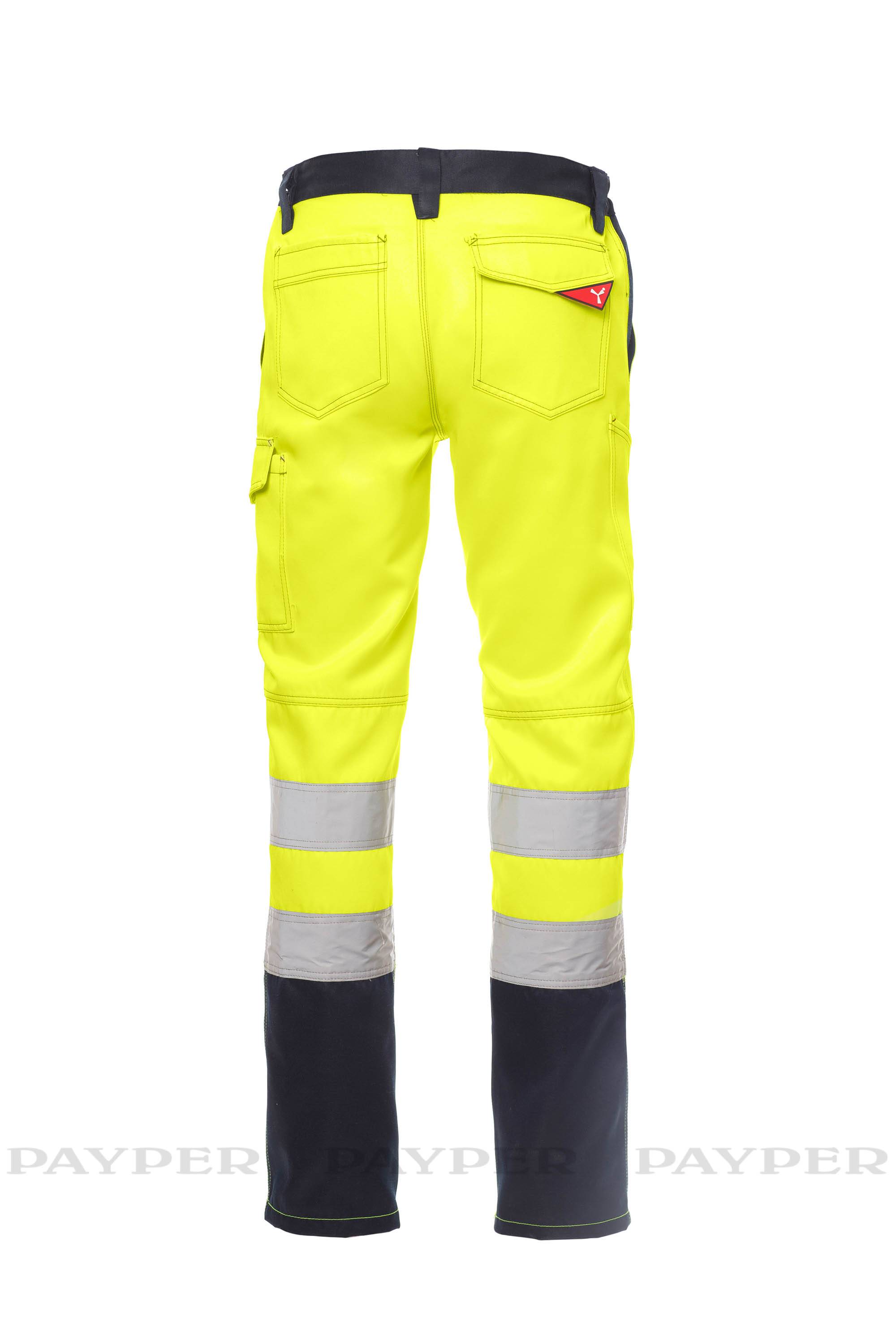 Hochsichtbare gelbe Arbeitshosen mit dunkelblauen Unterbeinen, reflektierenden Bändern und hinteren Taschen, von hinten auf weißem Hintergrund gezeigt.