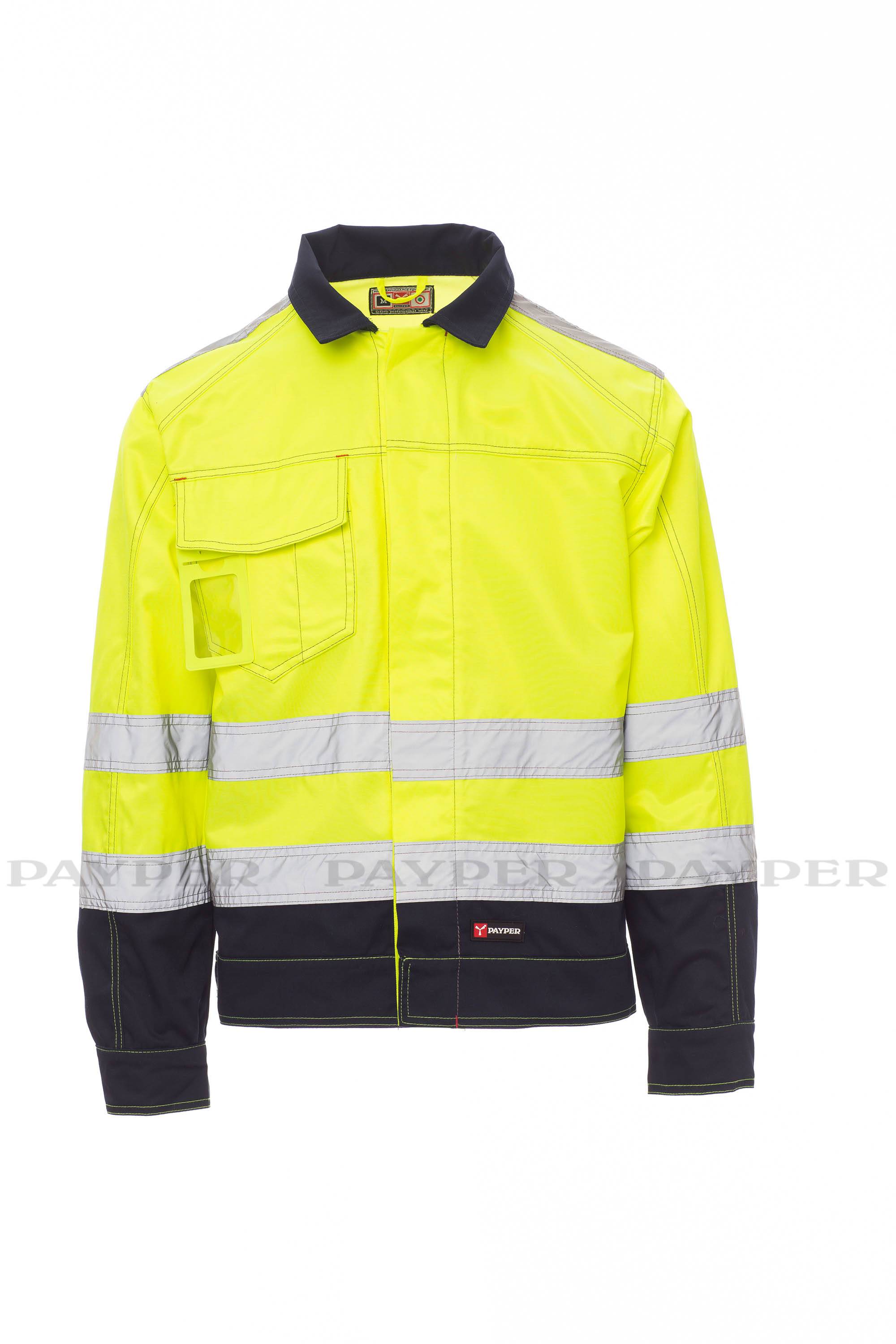 Warnschutz-Arbeitsjacke in Gelb und Dunkelblau mit reflektierenden Streifen, Kragen, Brusttaschen und Frontverschluss auf weißem Hintergrund.