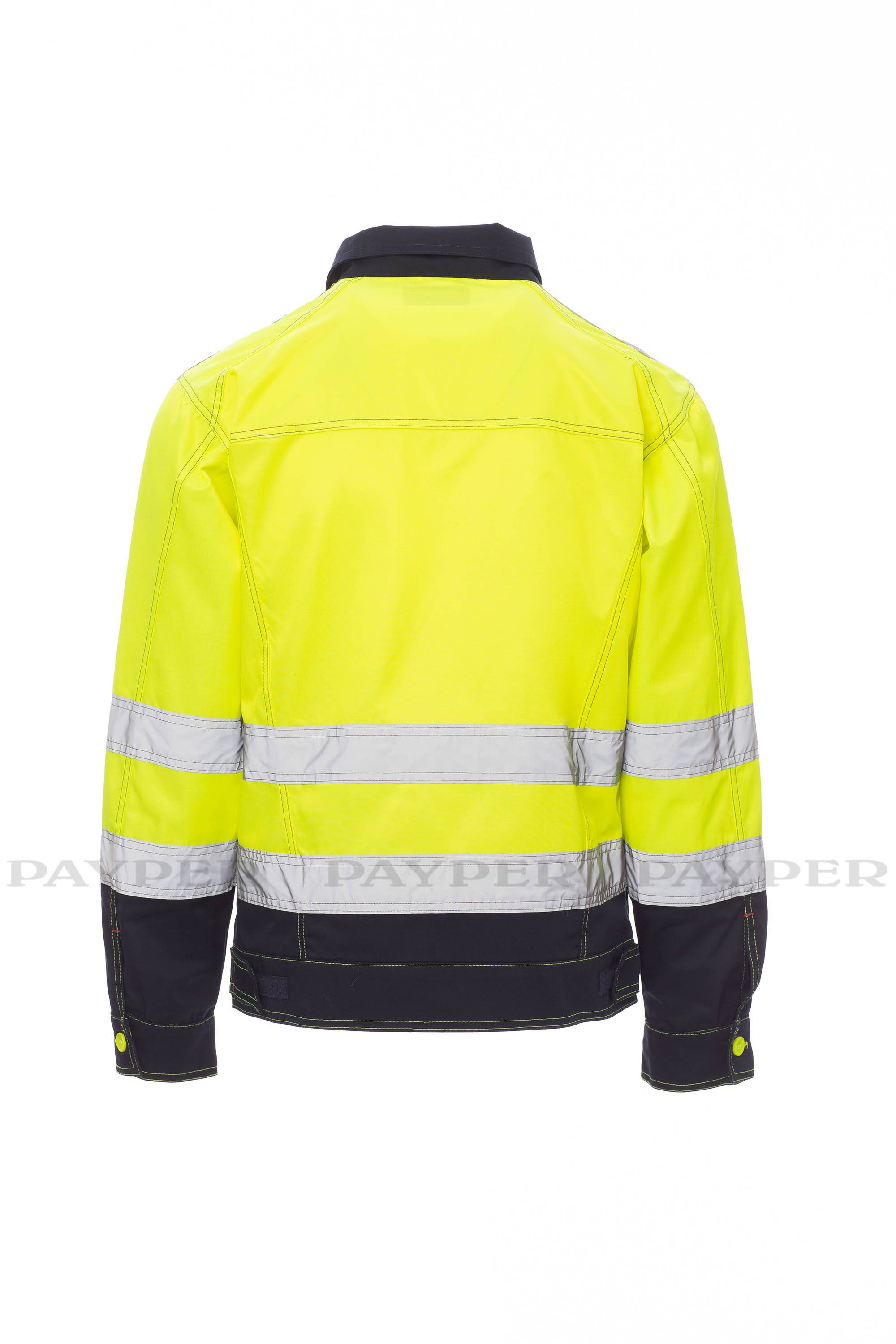 Hochsichtbare neongelbe Arbeitsjacke von hinten gezeigt, mit reflektierenden silbernen Streifen und dunkelblauen Ärmeln, Kragen und Saum.