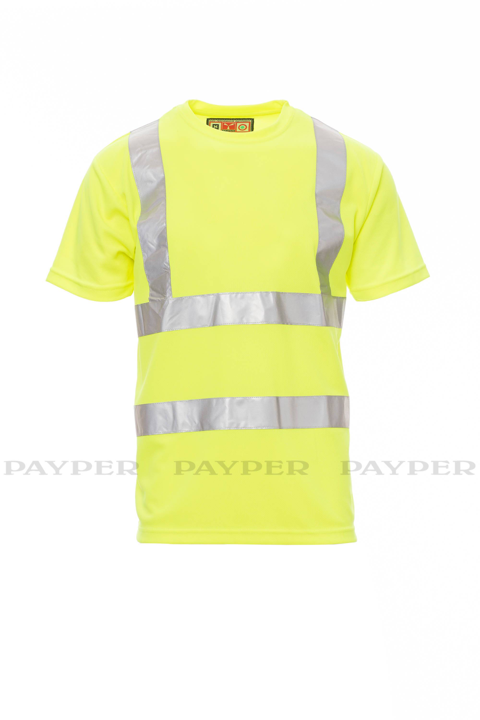 Neongelbes Sichtbarkeitshirt mit kurzen Ärmeln und silbernen Reflexstreifen auf der Brust, den Schultern und der Taille.