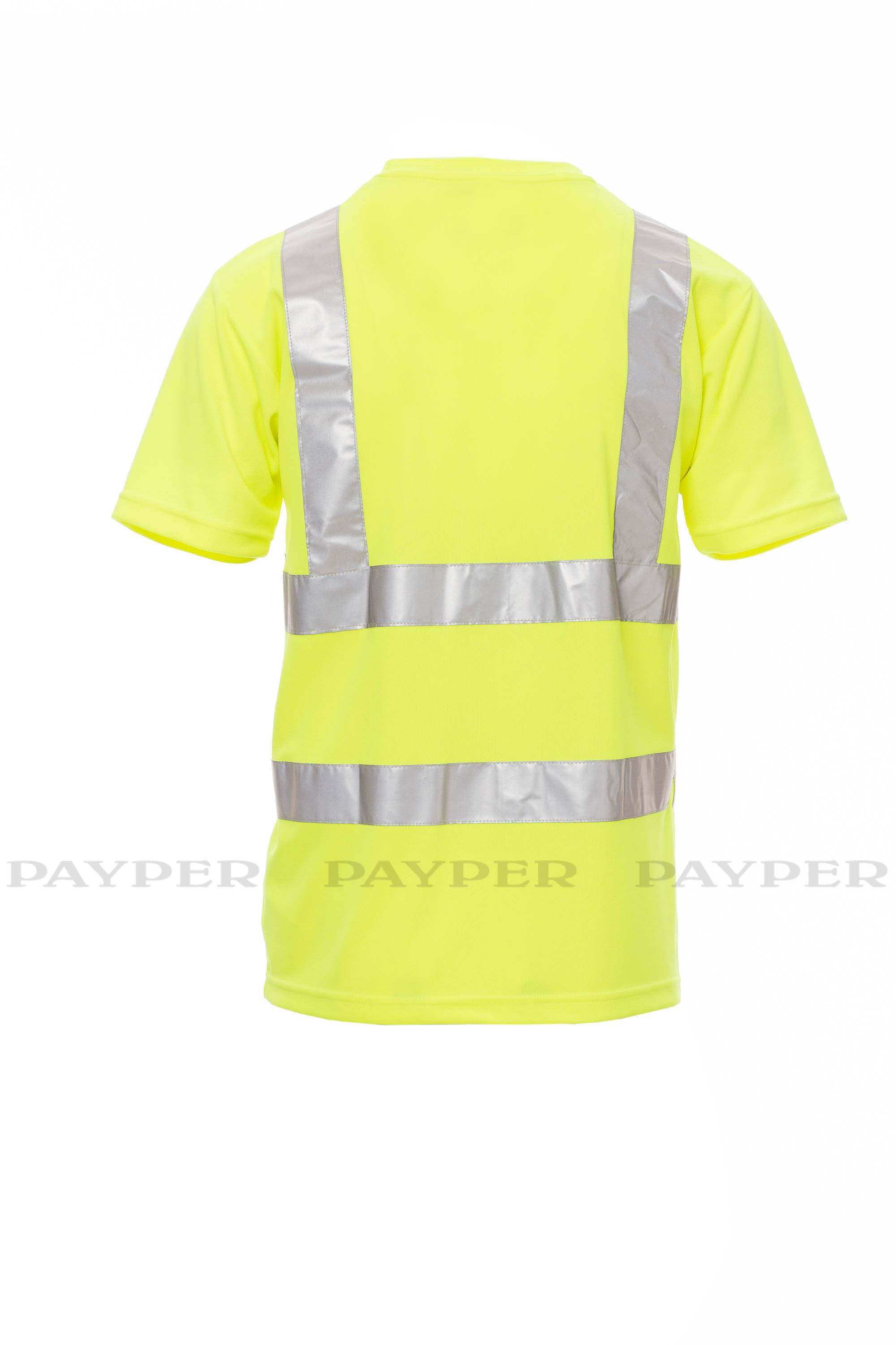 Neongelbes Hochsichtbarkeitst-Shirt mit kurzen Ärmeln und reflektierenden Silberstreifen, von hinten auf weißem Hintergrund dargestellt.