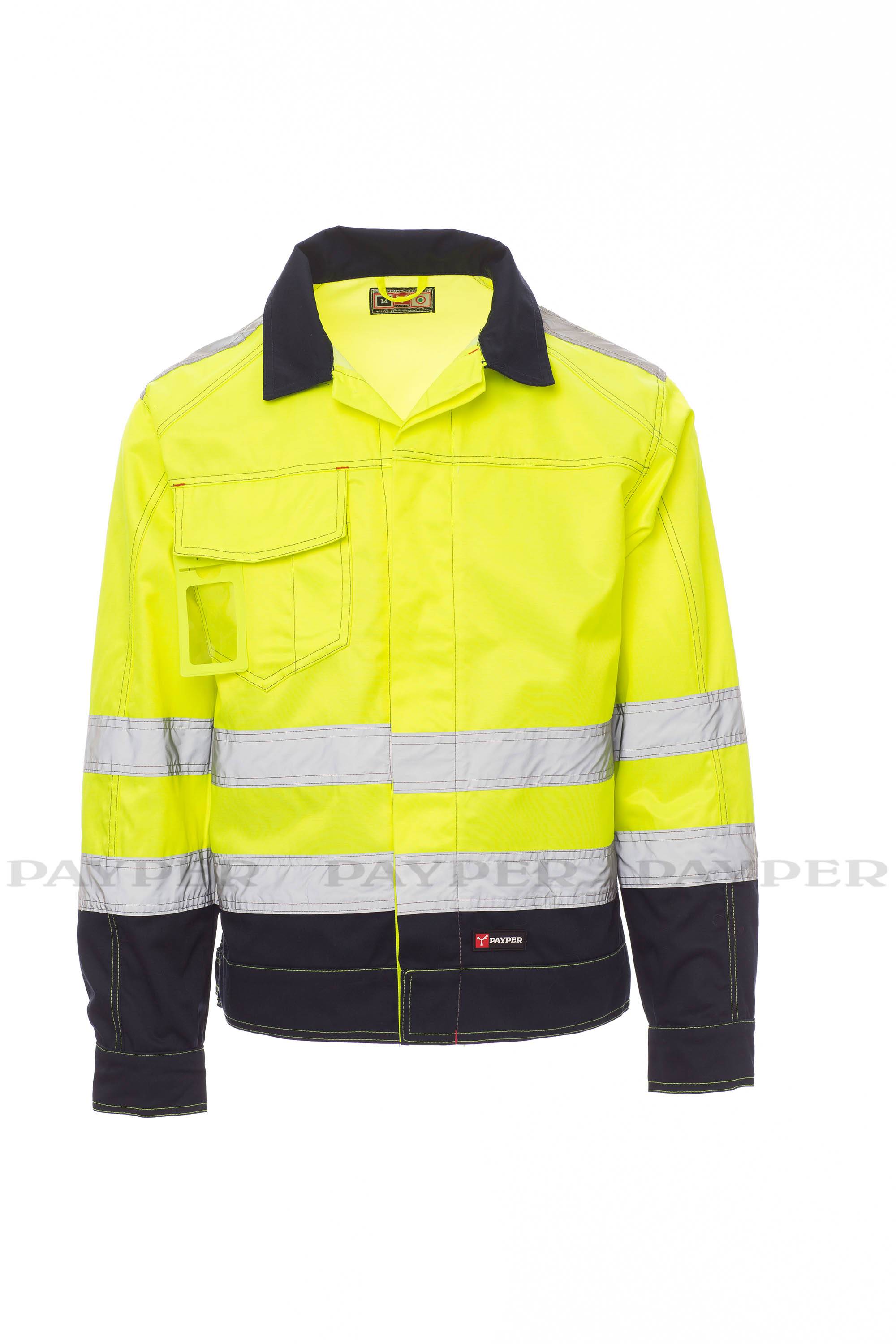 Hochsichtbare gelbe und dunkelblaue Arbeitsjacke mit Reflexstreifen, vorderen Taschen und schwarzem Kragen, auf weißem Hintergrund abgebildet.