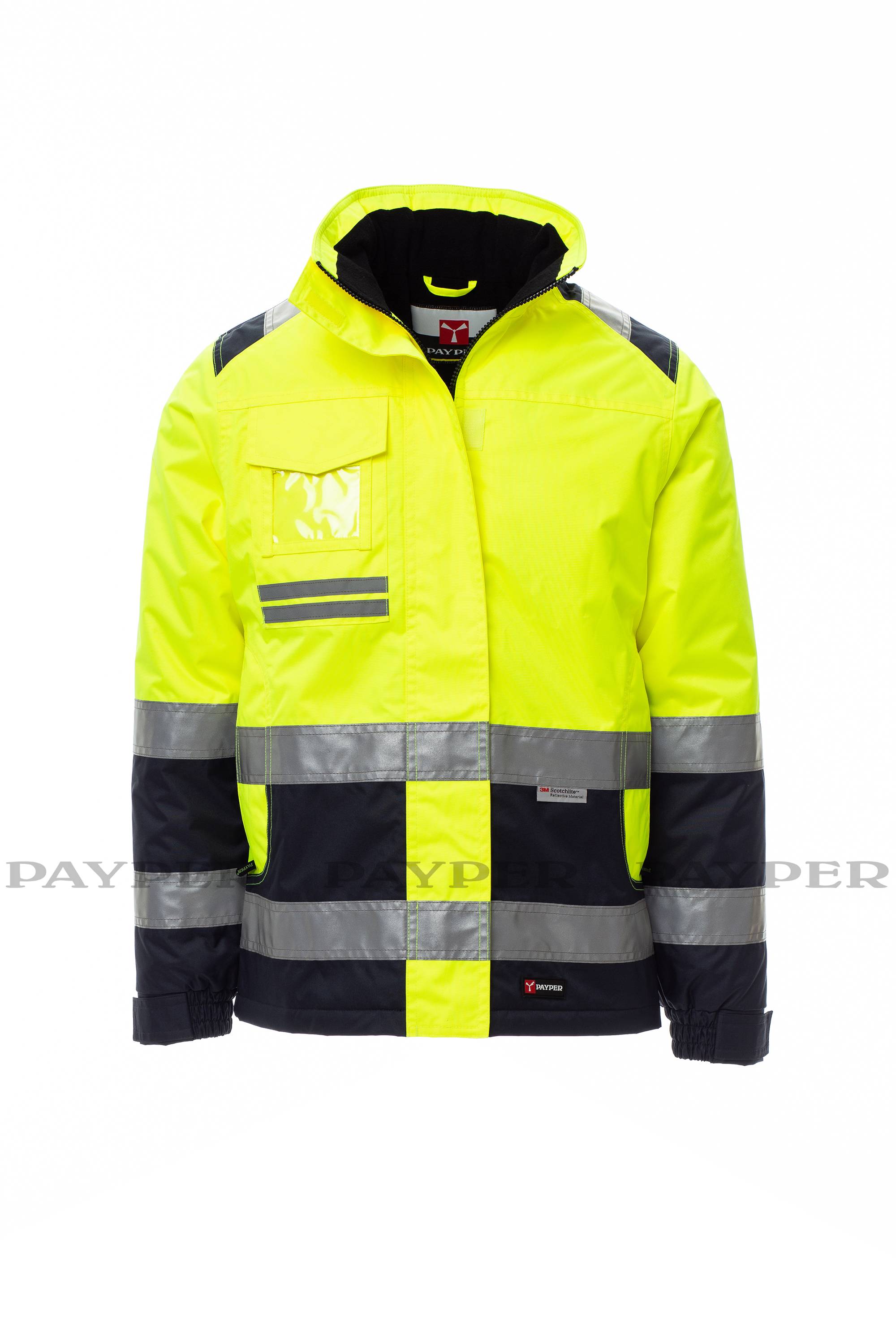 Hochsichtbare Neon-Gelb- und Marineblau-Sicherheitsjacke mit reflektierenden Silberstreifen, Vordertaschen und Kapuze auf einfachem weißem Hintergrund.