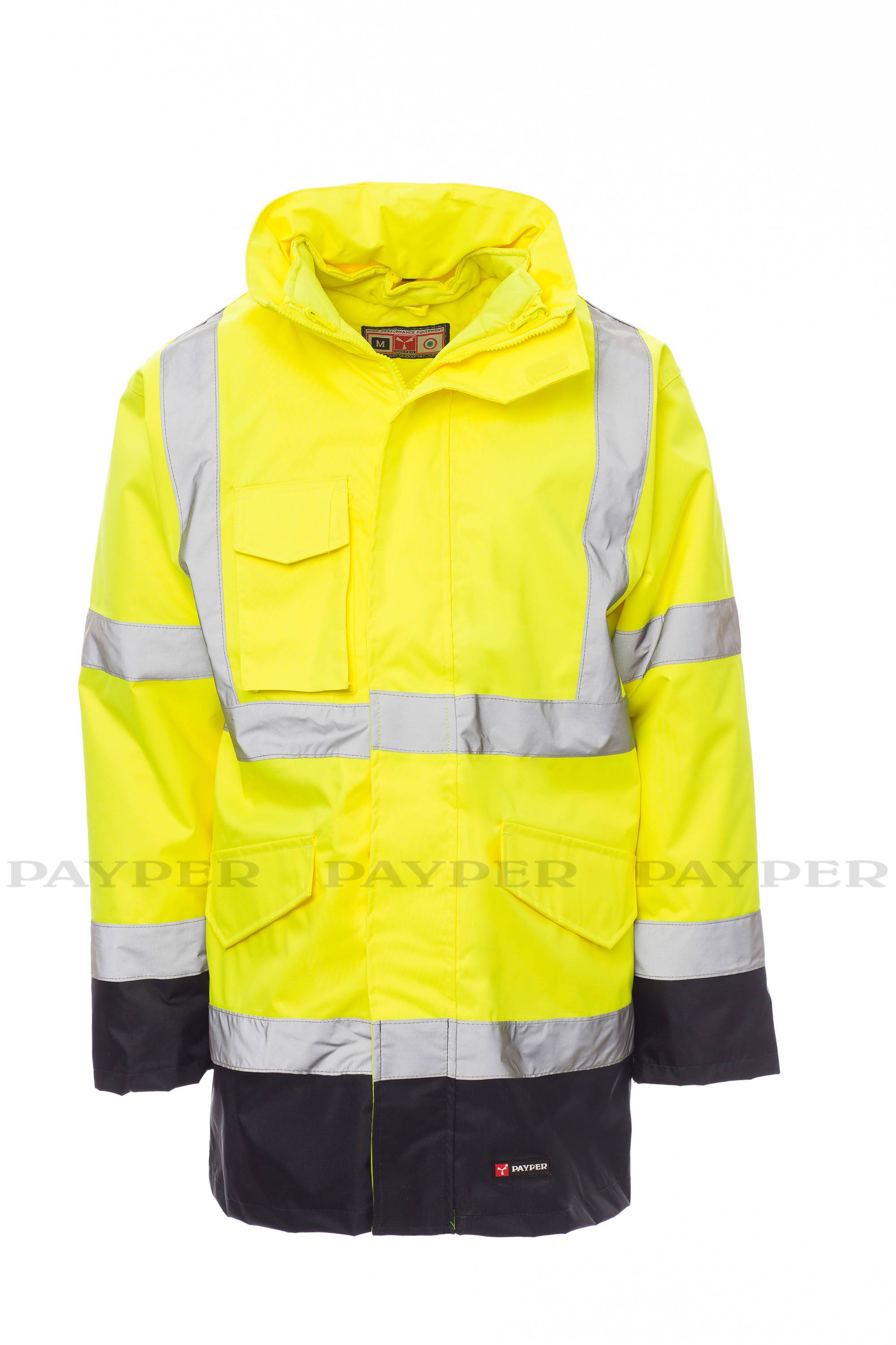Hochsichtbare gelbe wasserdichte Jacke mit reflektierenden silbernen Streifen und dunklen unteren Paneelen, Vorderansicht auf einfachem weißem Hintergrund.