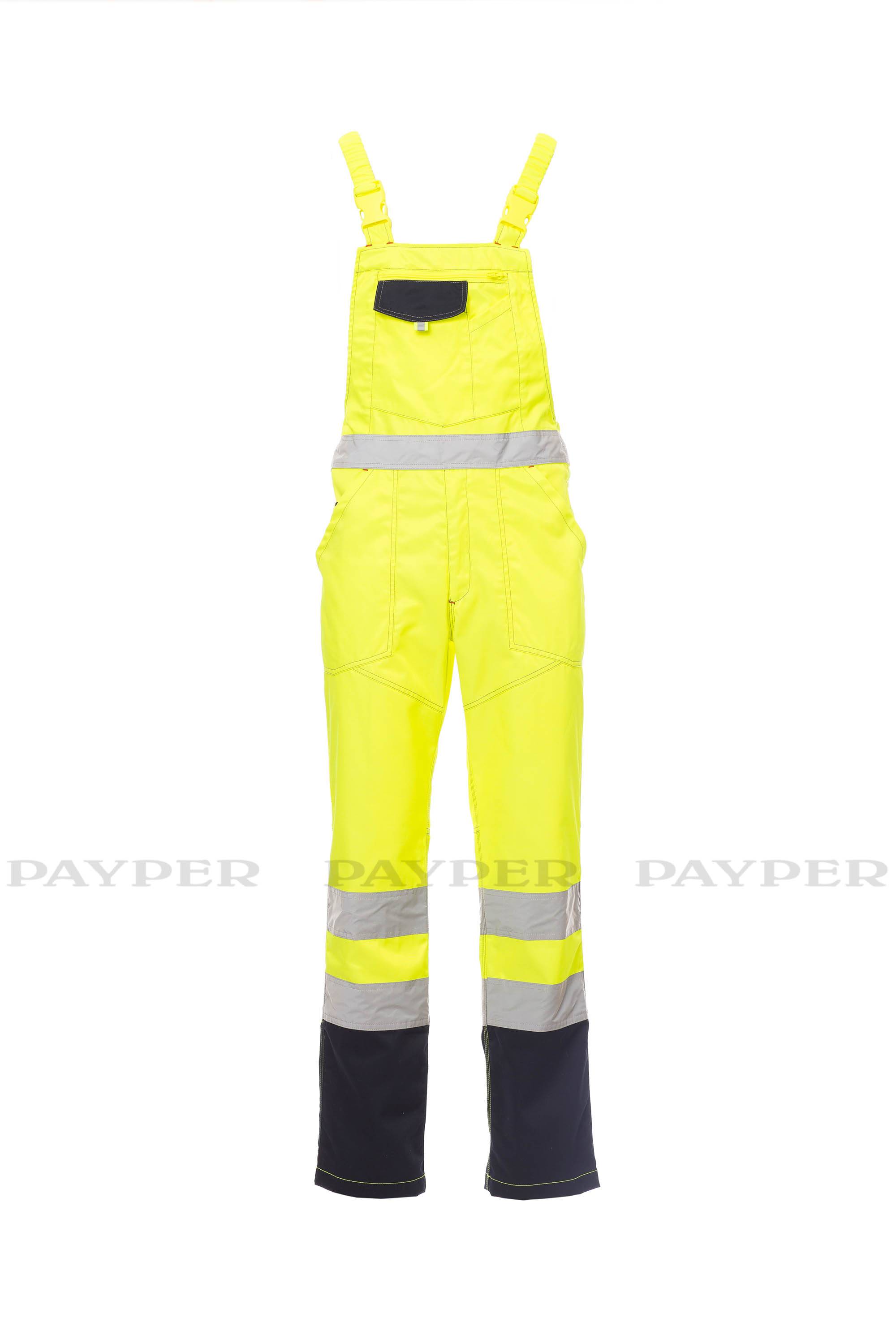 Hochsichtbare gelbe Latzhose mit reflektierenden silbernen Bändern und dunkelblauen Unterbeinen, Vorderansicht auf einfachem weißem Hintergrund.