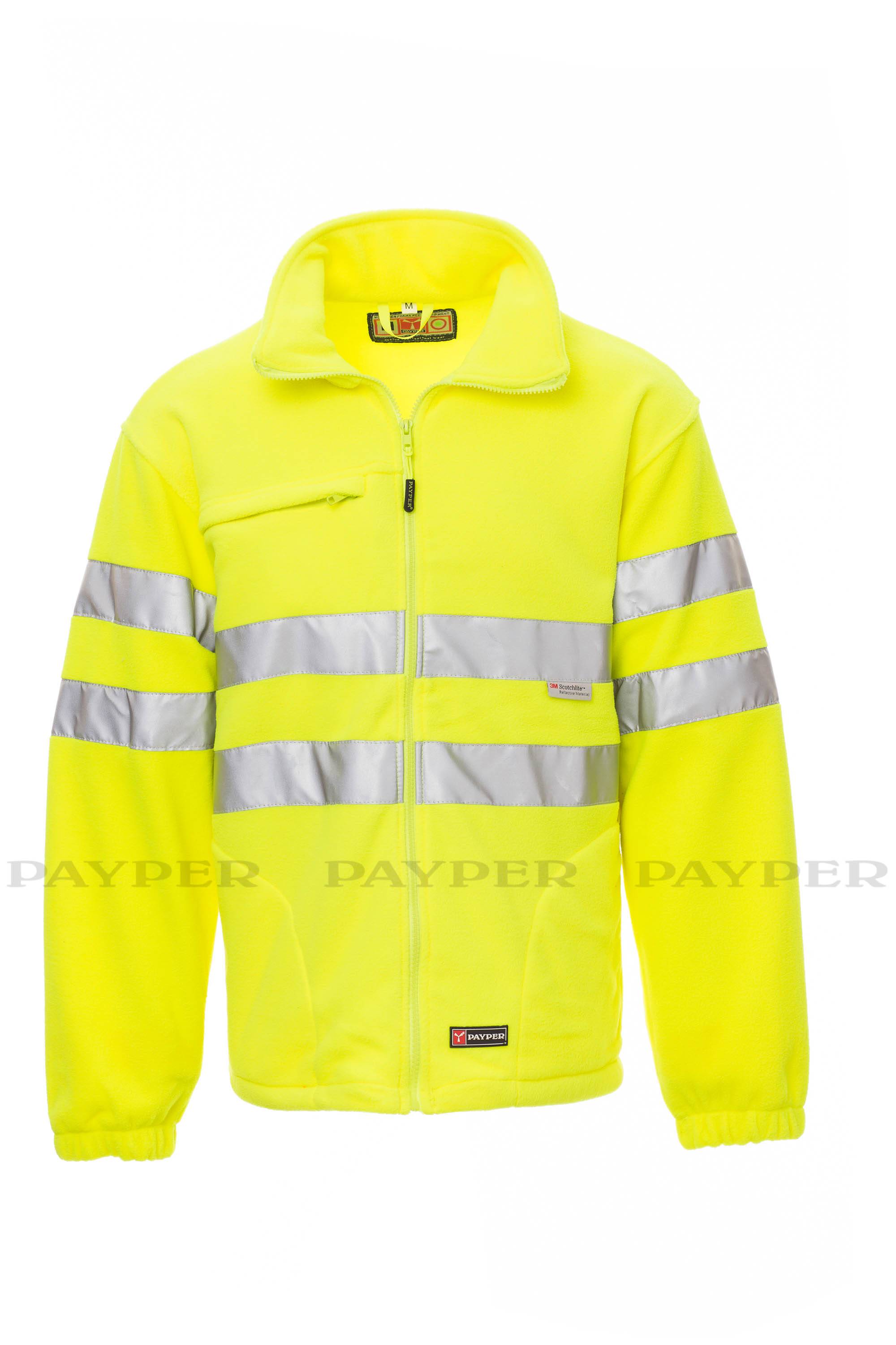 Neongelbe Warnschutzjacke mit Reißverschluss und reflektierenden grauen Streifen an den Ärmeln und auf der Brust, dargestellt vor weißem Hintergrund.