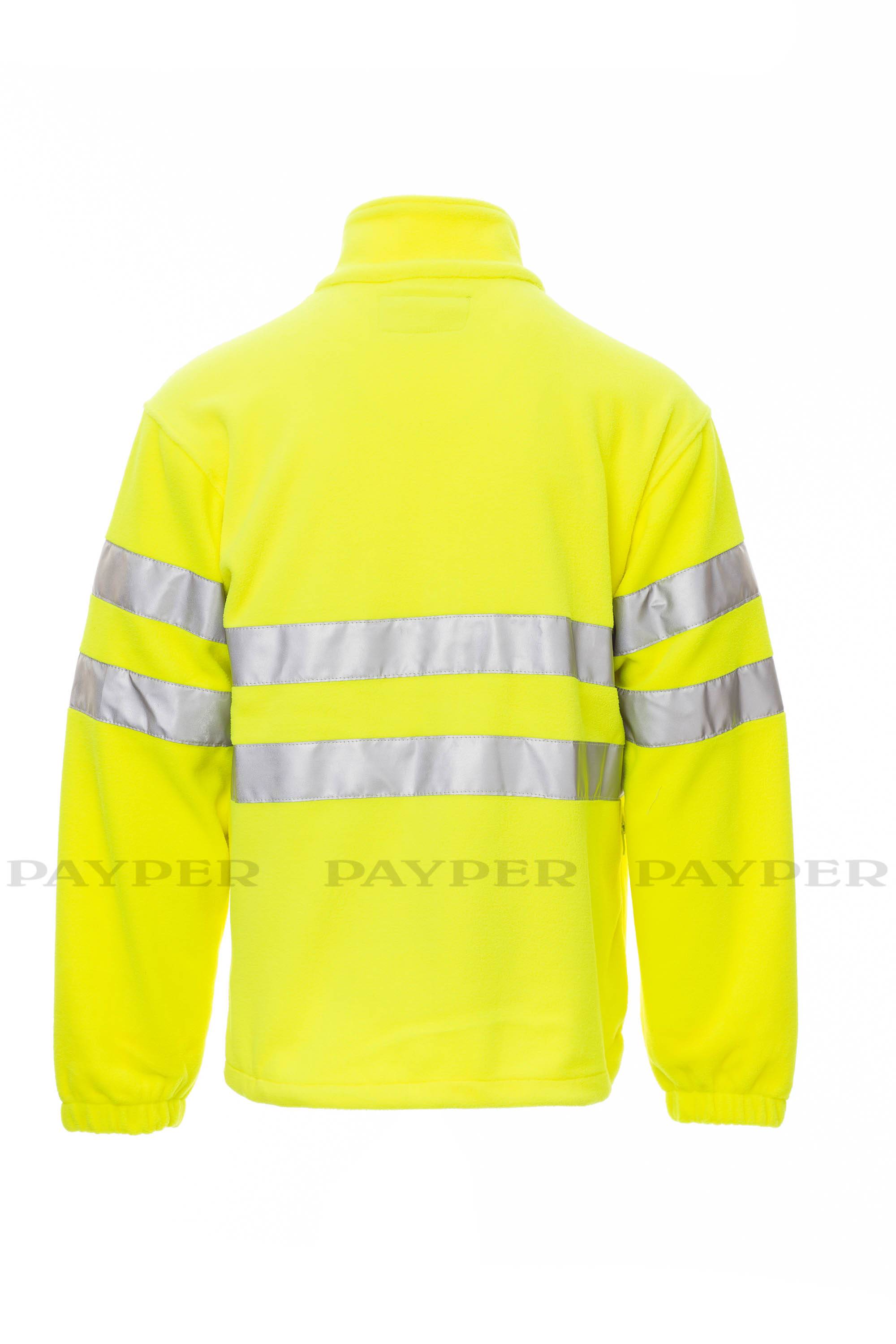 Hochsichtbares leuchtendes Gelb Langarm-Jacke mit silbernen reflektierenden Streifen an den Armen und auf dem Rücken, von hinten auf weißem Hintergrund gezeigt.