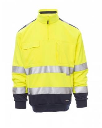 Hochsichtbare gelbe Arbeitsjacke mit langen Ärmeln mit silbernen reflektierenden Streifen und dunkelblauen Säumen und Bündchen, Vorderansicht auf weißem Hintergrund dargestellt.