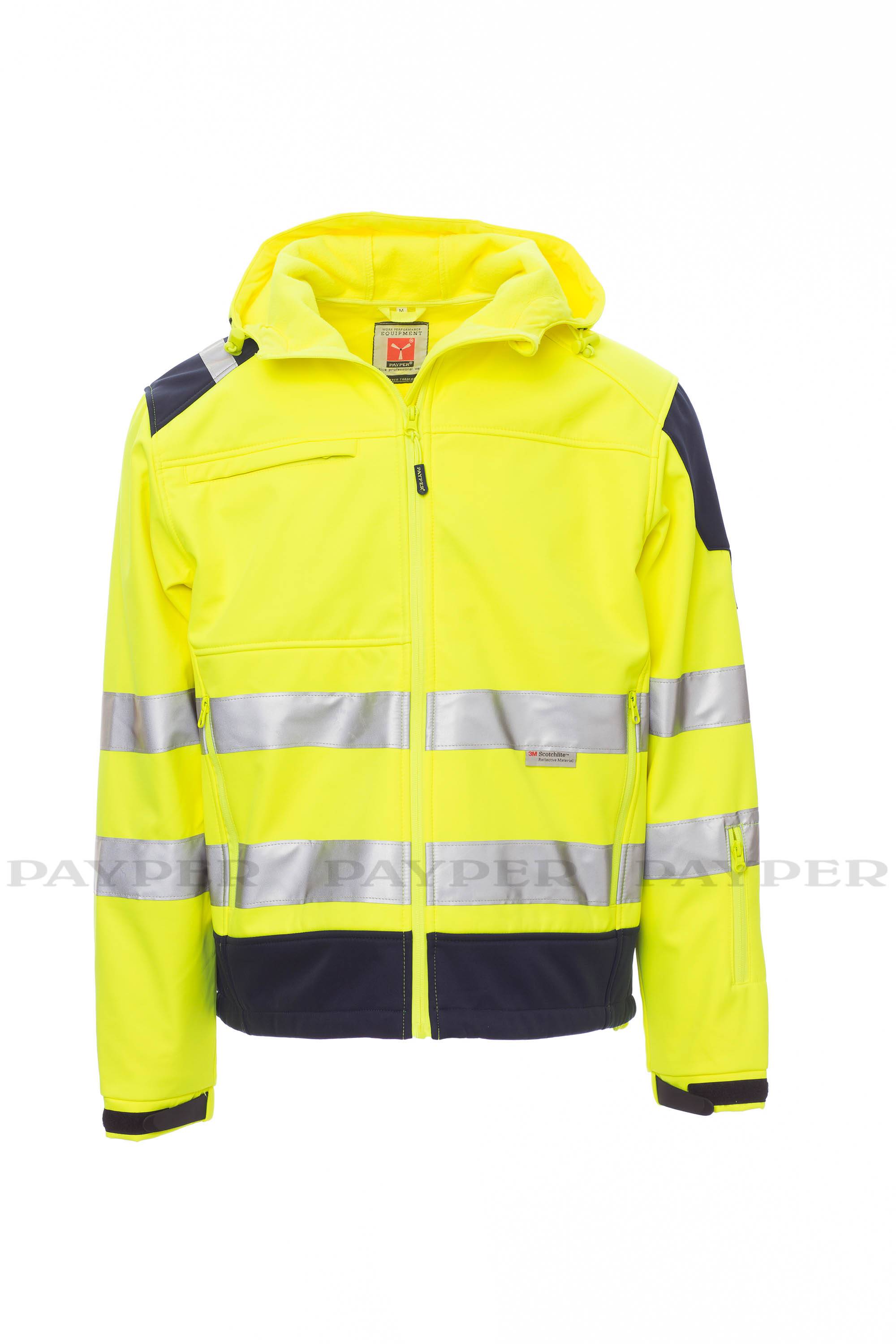 Leuchtend gelbe Hochsichtbarkeitsjacke mit Kapuze, reflektierenden grauen Streifen, Frontreißverschluss und dunkelblauen Akzenten an den Schultern und am Saum.