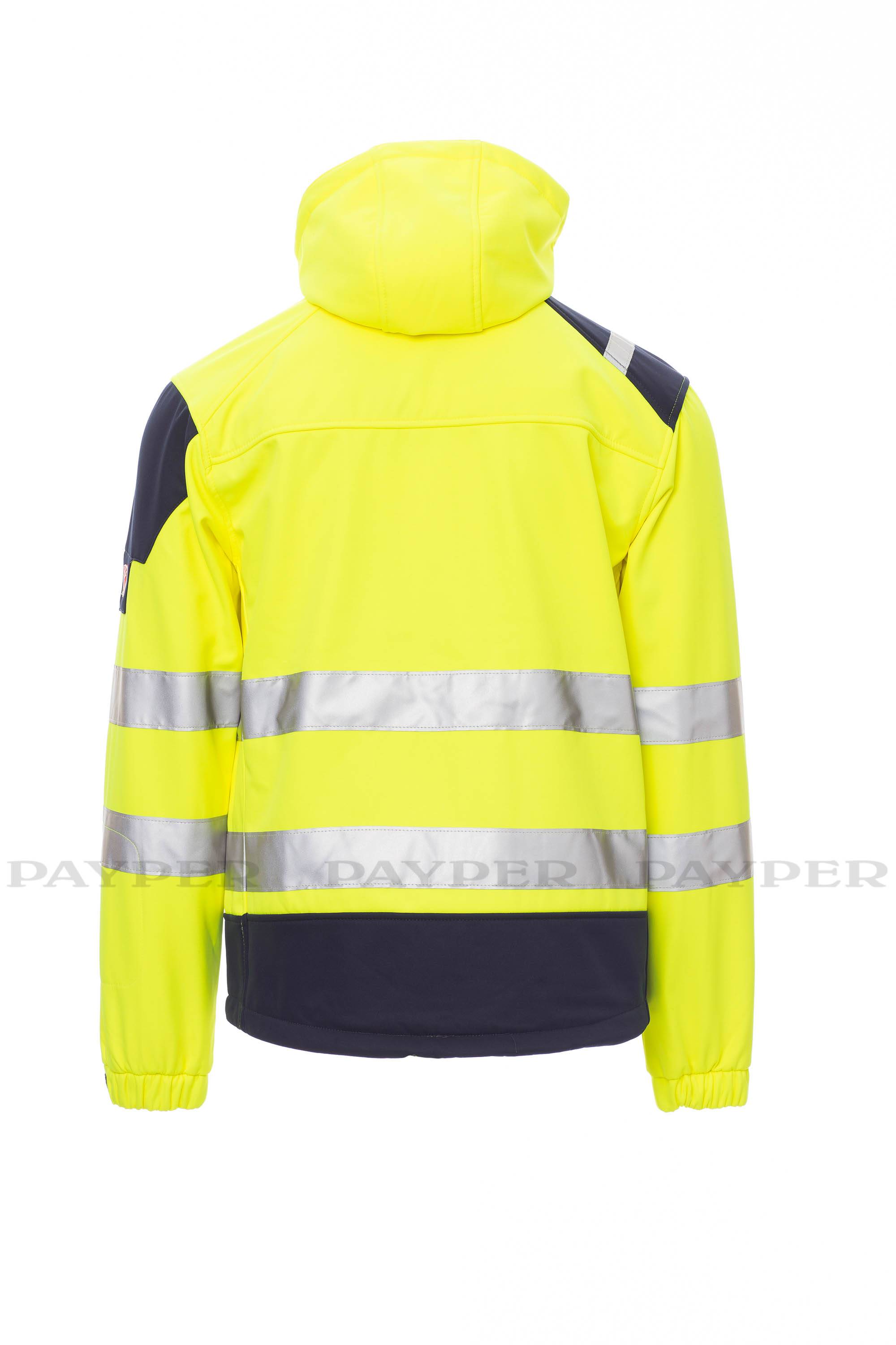 Hochsichtbare gelbe Jacke mit Kapuze, reflektierenden silbernen Streifen und dunkelmarineblauen Paneelen, von hinten auf weißem Hintergrund gezeigt.