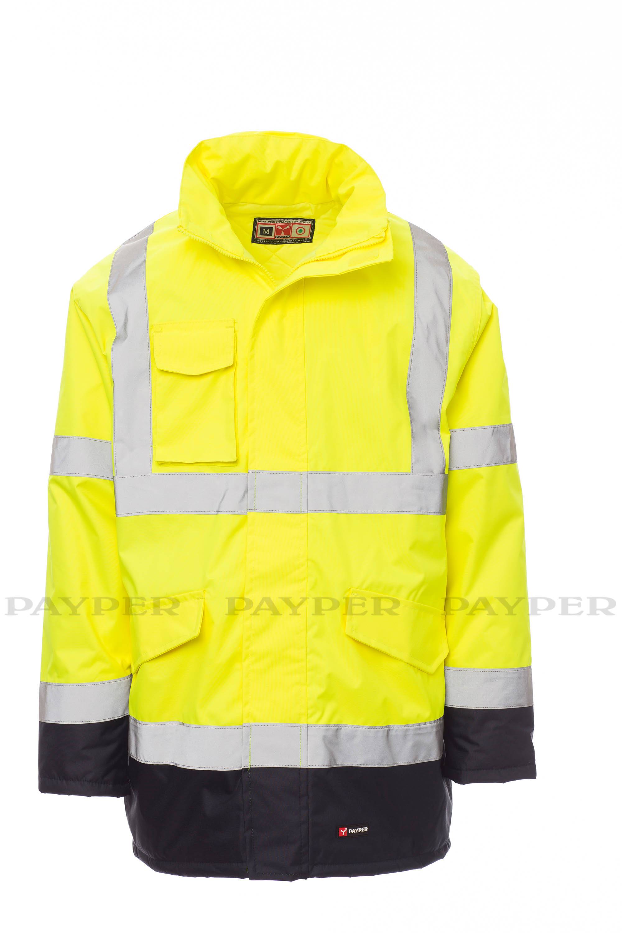 Hochsichtbare gelbe reflektierende Sicherheitsjacke mit grauen Streifen, schwarzem unteren Saum und Bündchen, frontal auf weißem Hintergrund dargestellt.