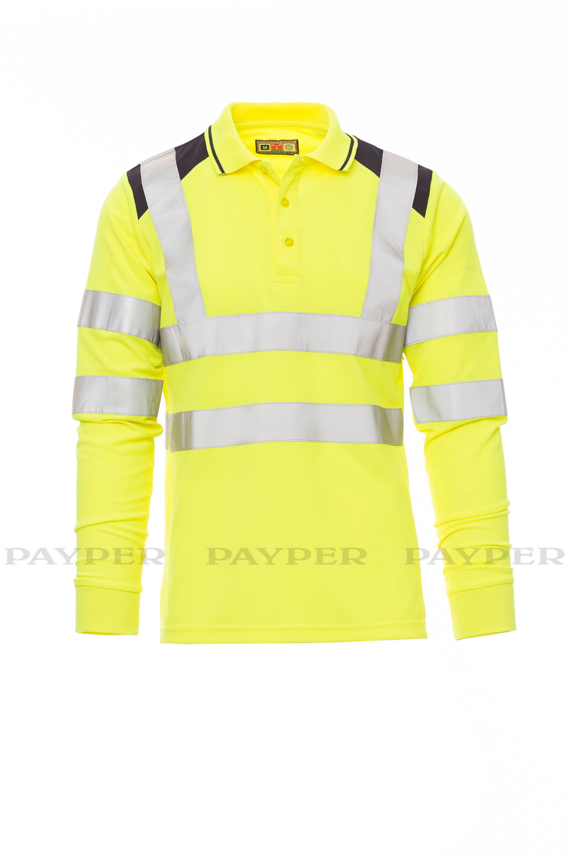 Hochsichtbares neongelbes Langarm-Poloshirt mit reflektierenden silbernen und schwarzen Schulter- und Ärmelstreifen, Vorderansicht auf weißem Hintergrund gezeigt.