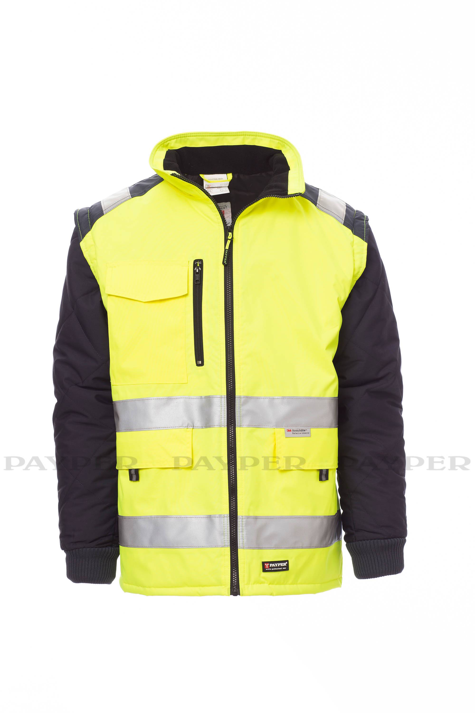 Hochsichtbare neon-gelbe und schwarze Jacke mit reflektierenden Streifen, Frontreißverschluss und Kapuze auf weißem Hintergrund.