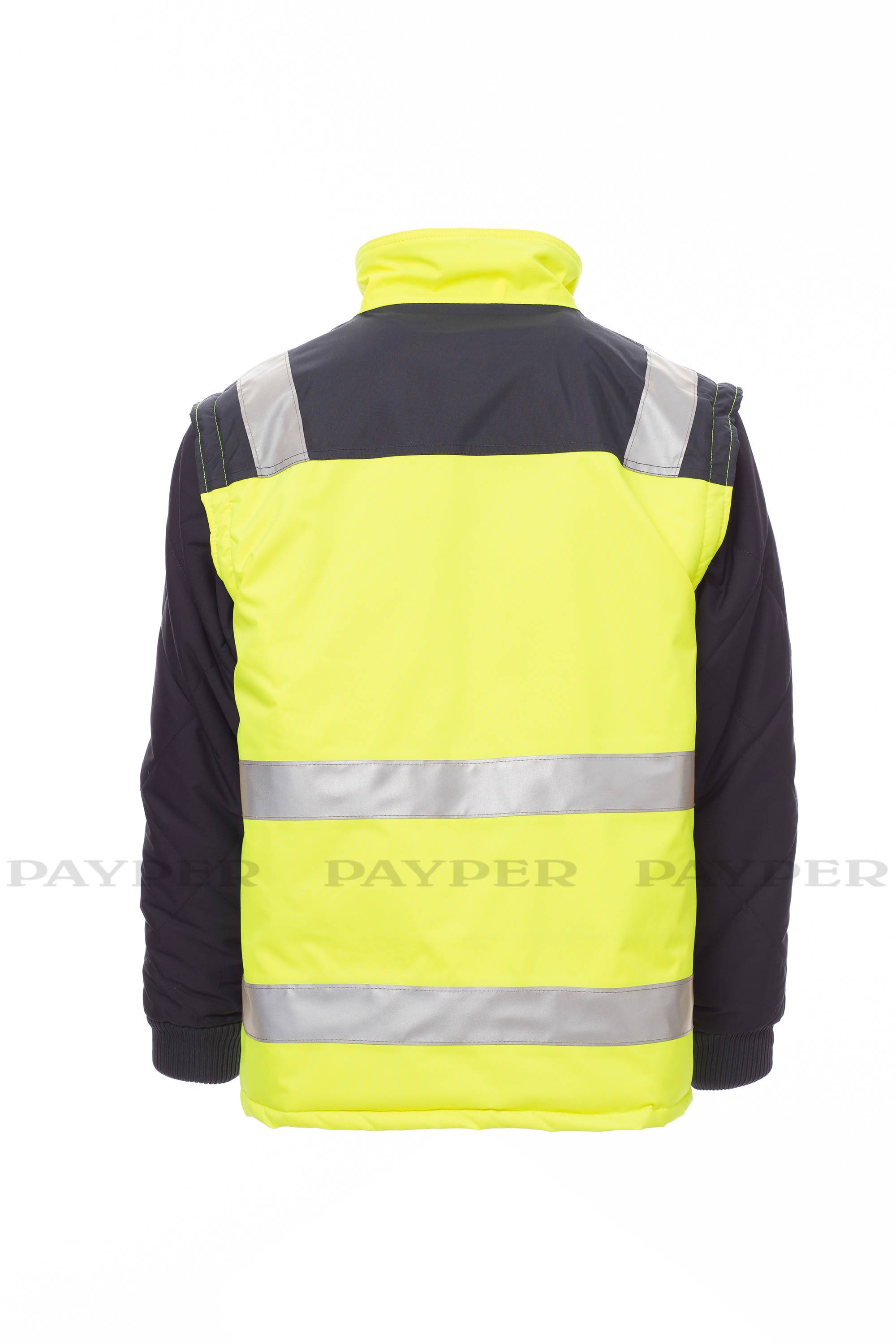 Rückansicht einer hochsichtbaren gelben Sicherheitsjacke mit dunklen Ärmeln, reflektierenden silbernen Streifen und erhöhtem Kragen auf weißem Hintergrund.