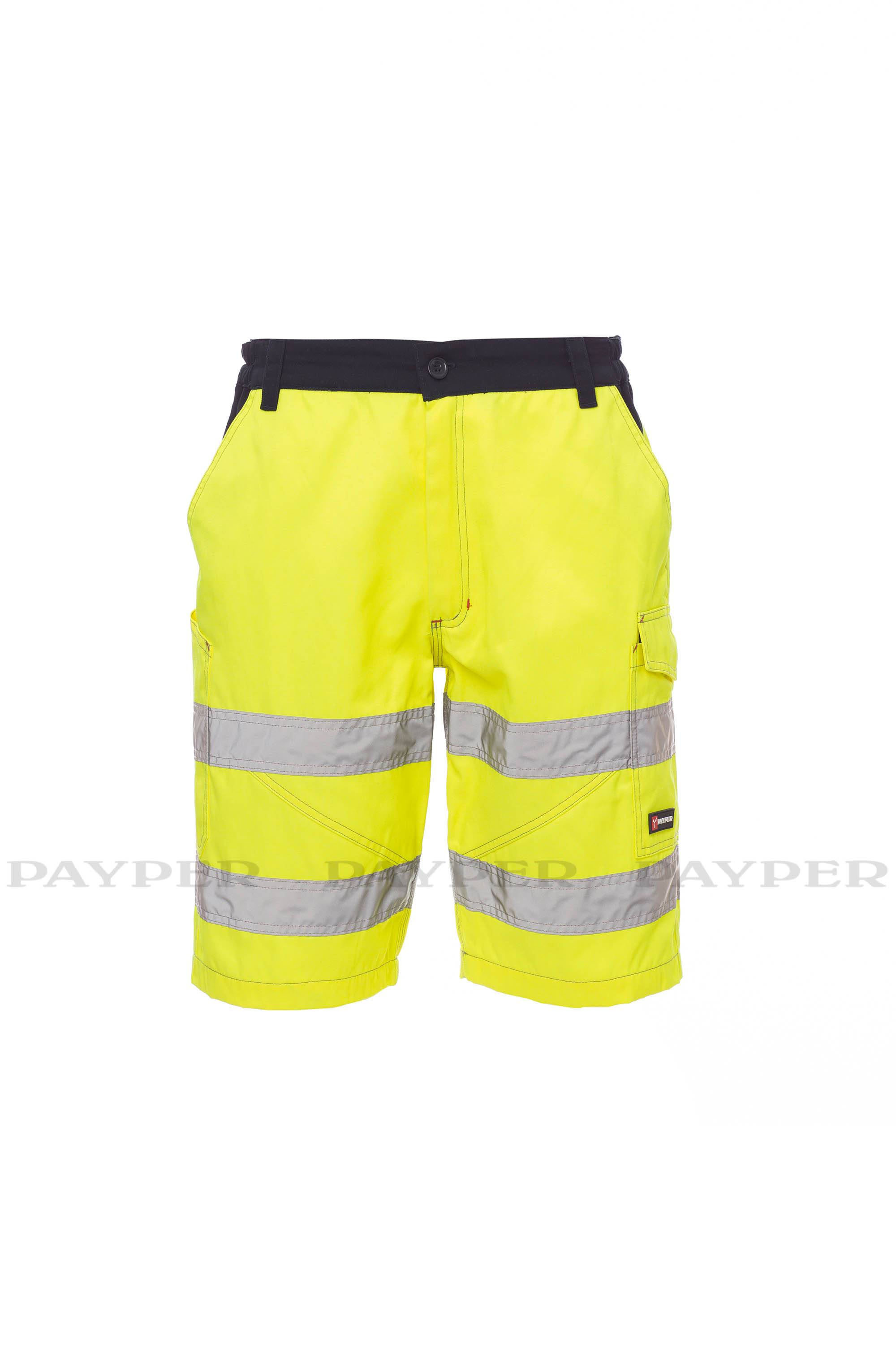Hochsichtbare neongelbe Arbeitshorts mit reflektierenden silbernen Streifen und dunklem Bund, in Vorderansicht auf weißem Hintergrund dargestellt.