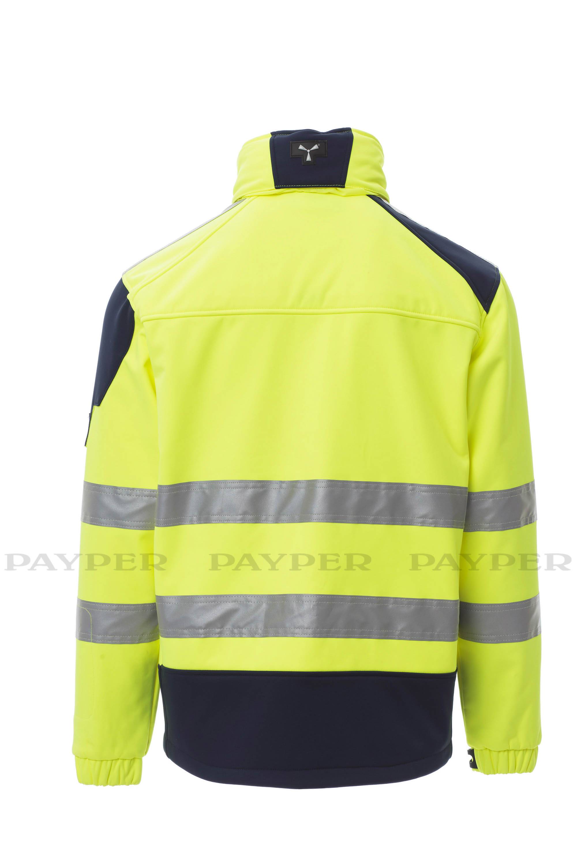 Arbeitsschutzjacke in hochsichtbarem Neongelb und Marineblau, von hinten gezeigt, mit reflektierenden Streifen und elastischen Manschetten.