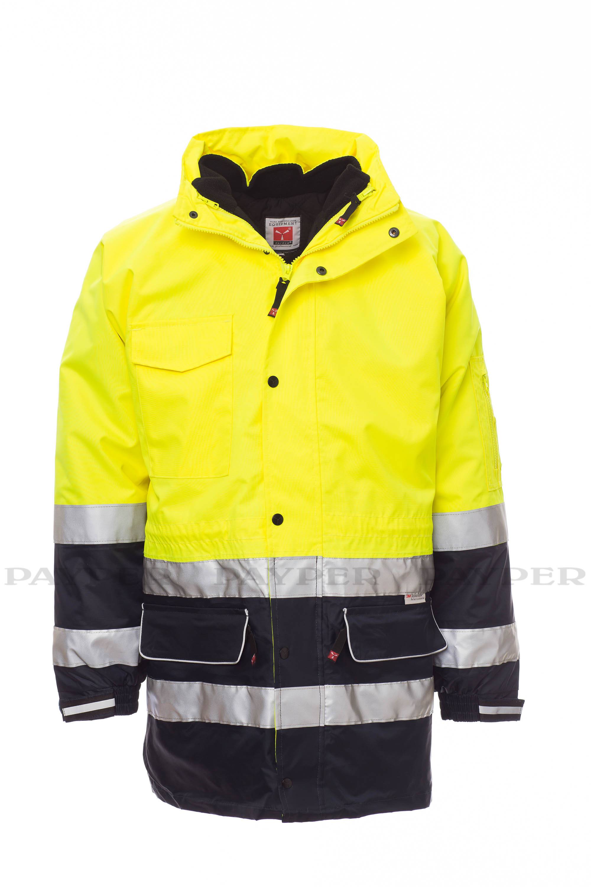 Hochsichtbares gelb- und marineblau farbenes Sicherheitsjacke mit Kapuze und reflektierenden Streifen, frontal auf weißem Hintergrund abgebildet.