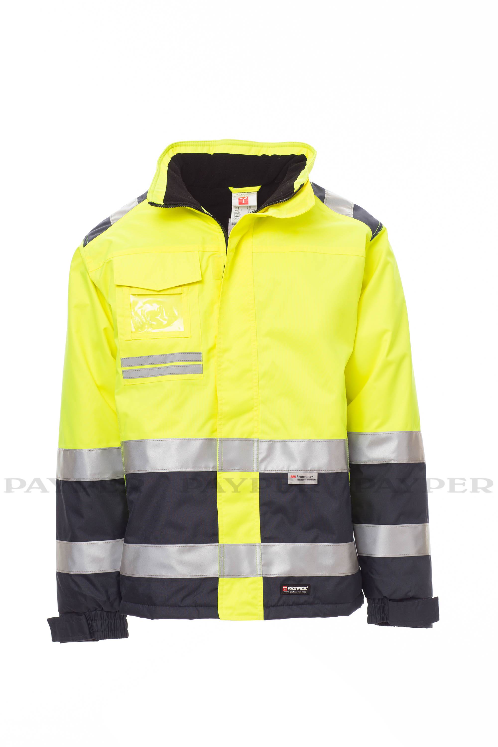 Sicherheitsjacke in Leuchtgelb mit reflektierenden grauen Bändern und dunkelblauem unteren Bereich, Vorderansicht auf weißem Hintergrund dargestellt.