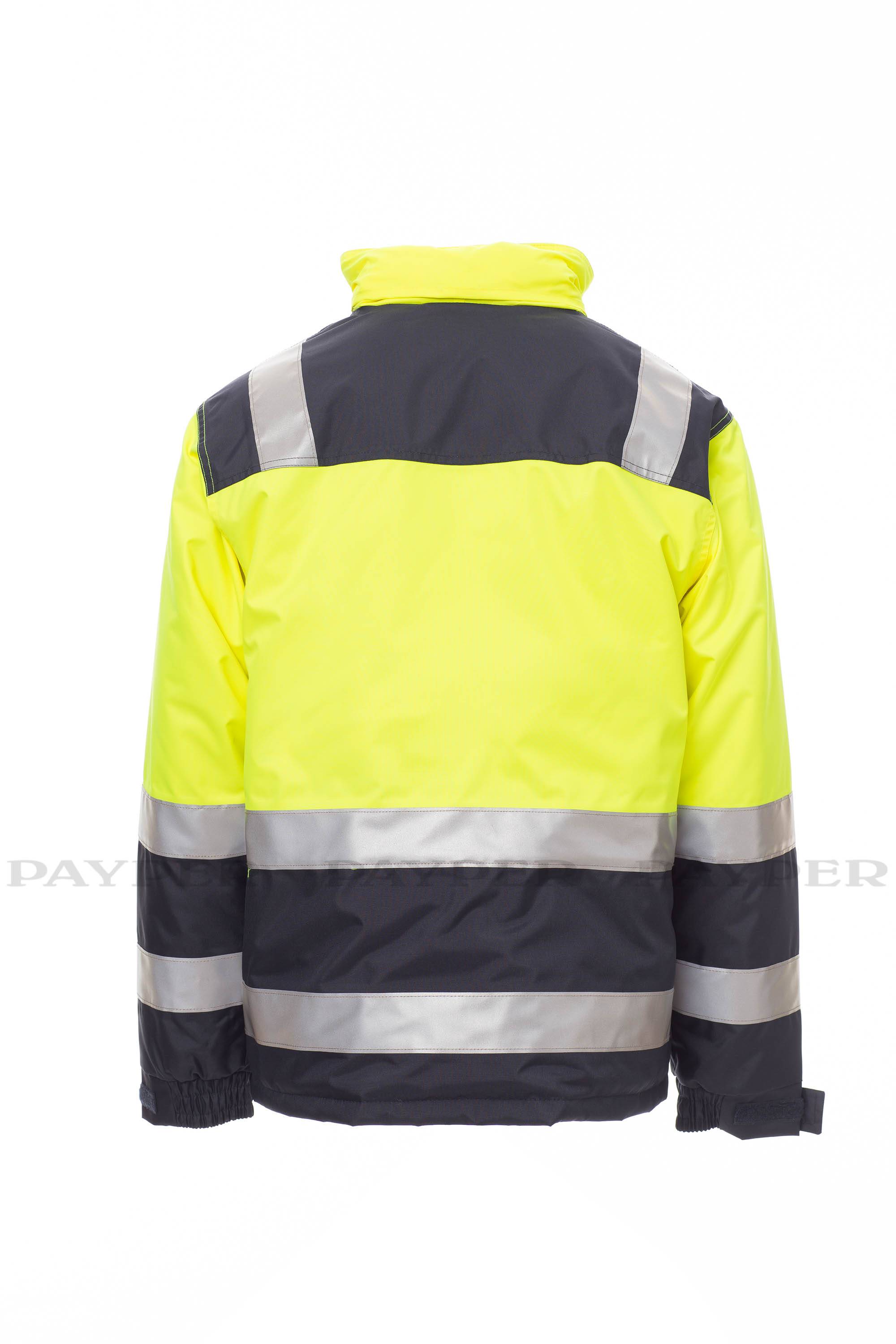 Hochsichtbare gelb-marineblaue Sicherheitsjacke, von hinten gezeigt, mit reflektierenden silbernen Bändern an den Schultern, der Taille und den Ärmeln.