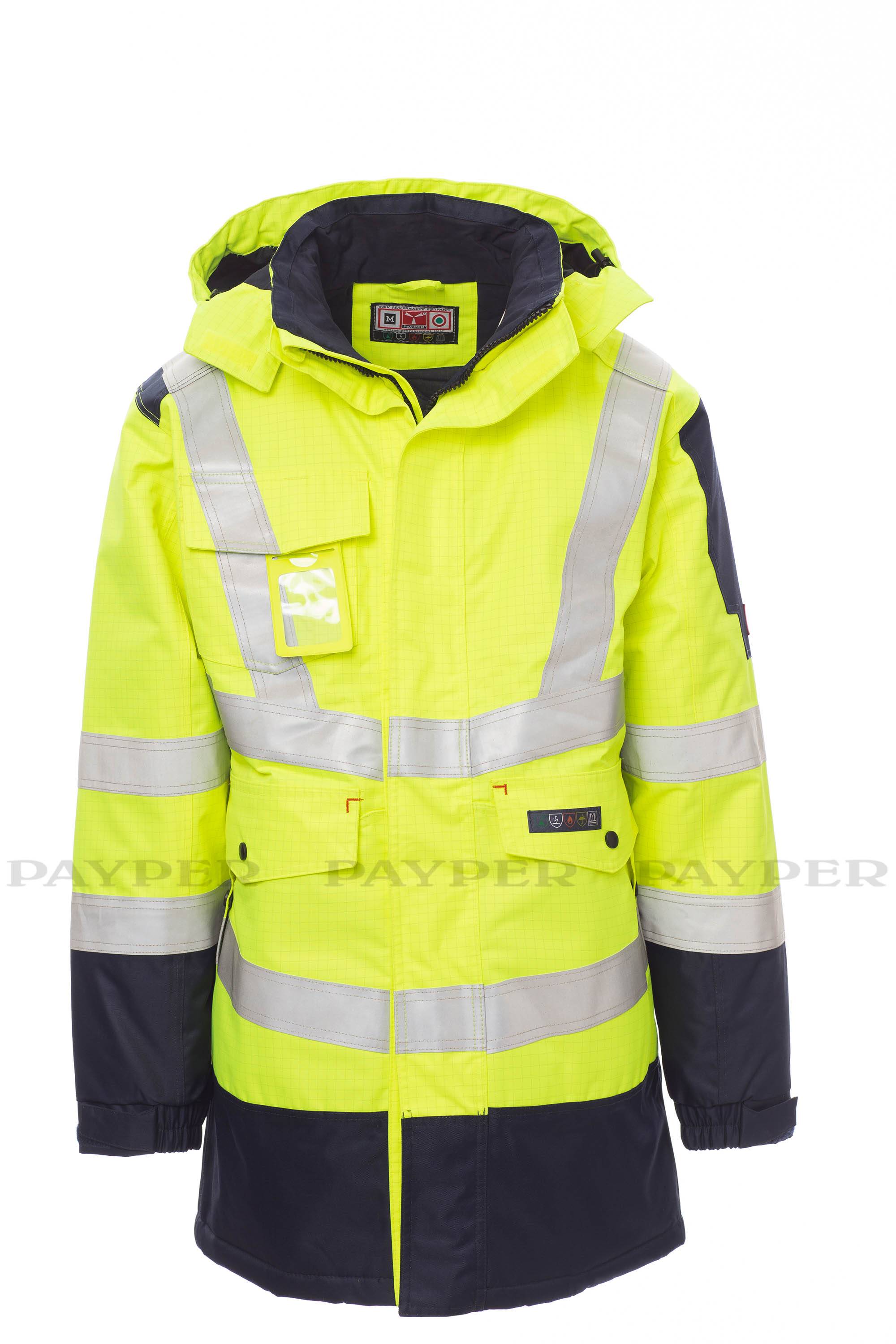Hochsichtbare gelbe Sicherheitsjacke mit reflektierenden silbernen Streifen, dunkelblauer Kapuze und Ärmeln, Vorderansicht auf weißem Hintergrund.