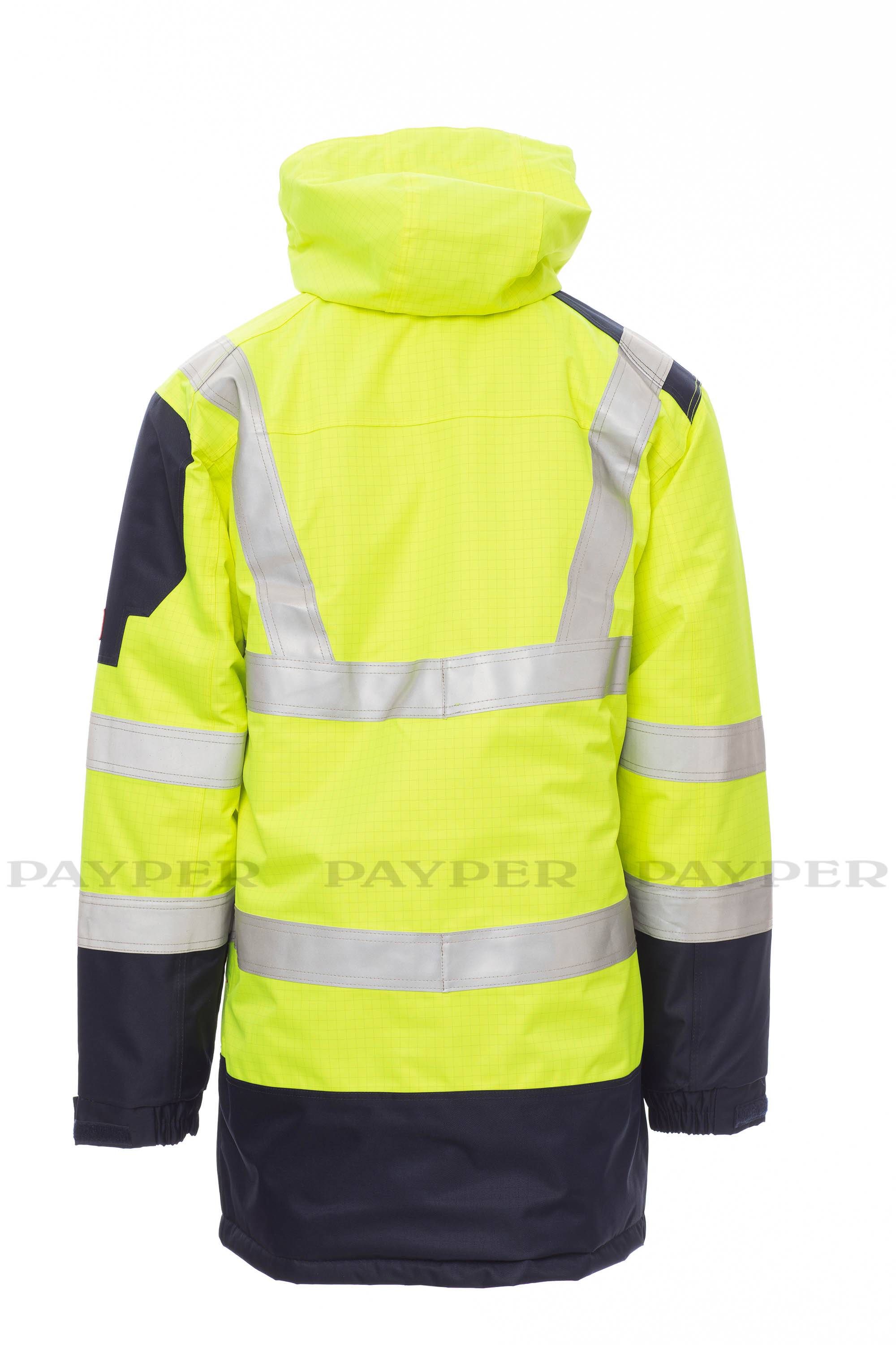 Hochsichtbare gelbe Jacke mit Kapuze, reflektierende silberne Bänder und dunkle Ärmel, von hinten auf weißem Hintergrund gezeigt.