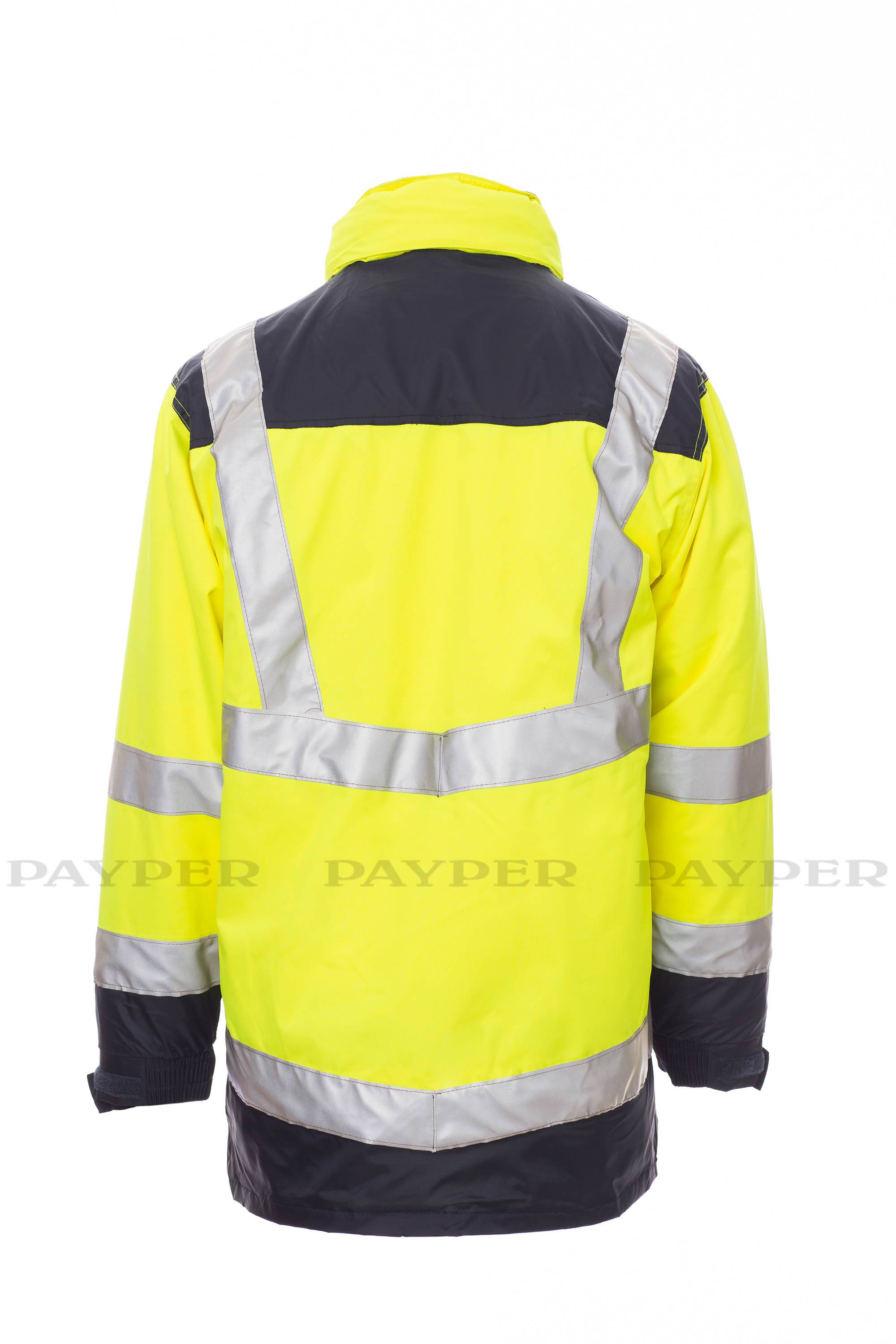 Hochsichtbare gelbe und dunkelblaue Sicherheitsjacke von hinten gezeigt, mit reflektierenden silbernen Streifen und erhöhtem Kragen auf weißem Hintergrund.