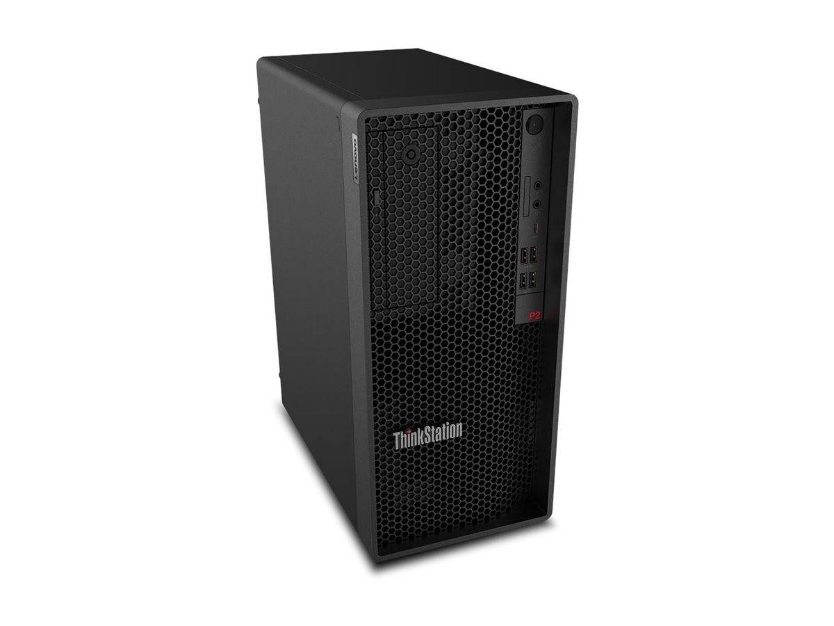 Schwarzer Lenovo ThinkStation Desktop-Tower, schräg auf weißem Hintergrund gezeigt.
