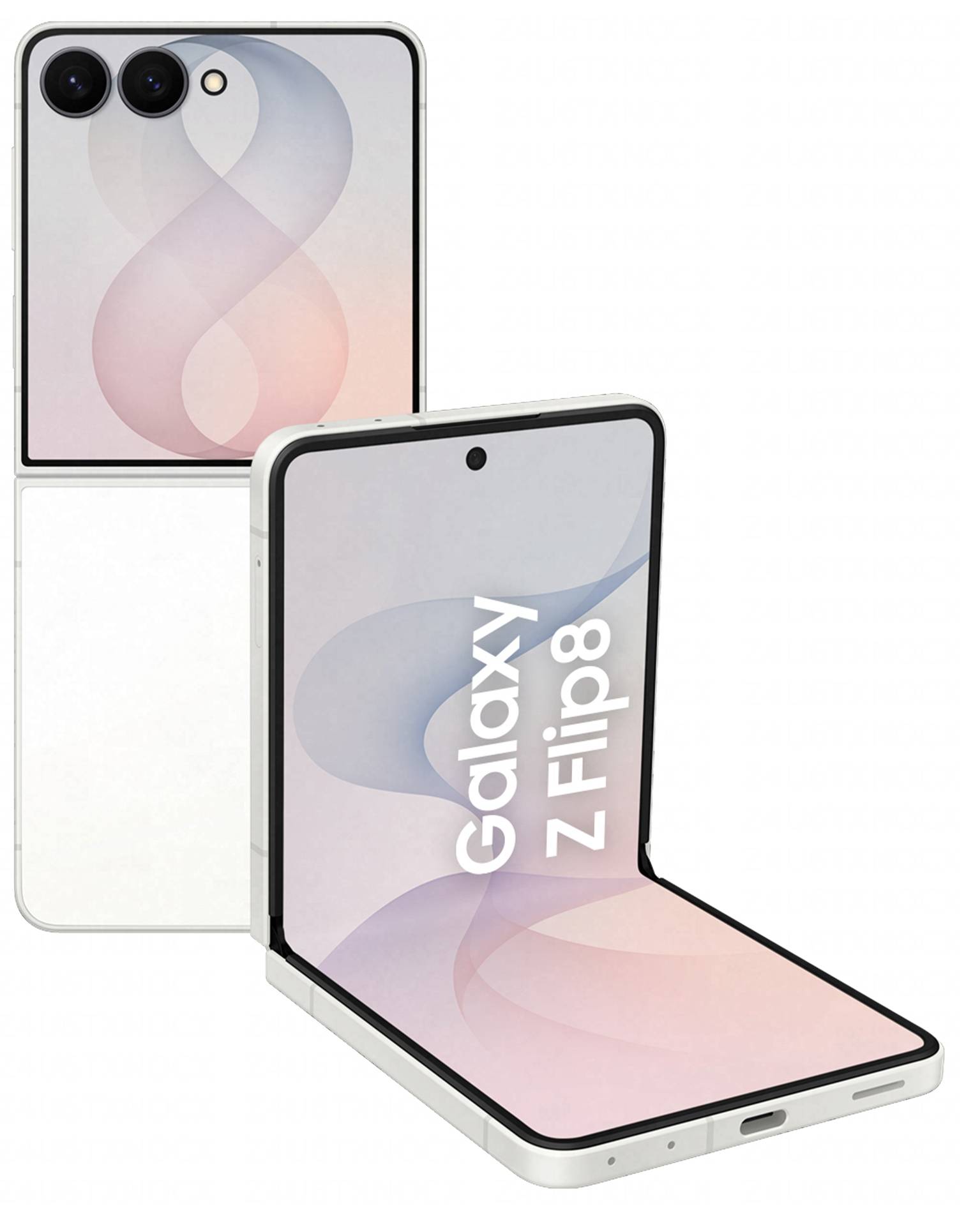 Samsung Galaxy Z Flip8 Faltbares Smartphone, offen und geschlossen gezeigt, mit sichtbaren hinteren Kameraobjektiven und 