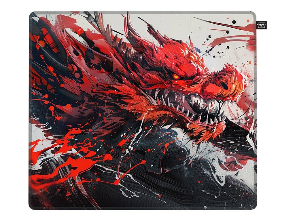 Abstrakte Illustration eines wilden rot-schwarzen Drachenkopfes mit leuchtenden Augen und aufgerissenem Maul, umgeben von dynamischen Farbspritzern auf grauem Hintergrund.