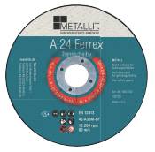 Rundes Metallabscheibe A 24 Ferrex Schleiftrennscheibe mit Mittelloch und Produktdetails auf türkisfarbenem Hintergrund.