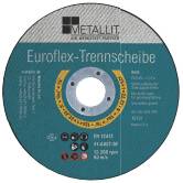 Kreisförmige METALLIT Euroflex-Trennscheibe mit Produktname, Mittelloch und Sicherheits-/Verwendungssymbolen.