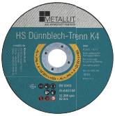 Eine METALIT Schleiftrennscheibe mit der Bezeichnung 'HS Dünnblech-Trenn K4' mit Sicherheitssymbolen und Produktdetails auf einem blaugrünen und grauen Rad.