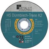 Metallit HS Dünnblech-Trenn K2 Trennscheibe mit zentralem Befestigungsloch und Produktspezifikationen.