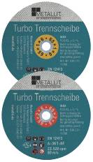 Zwei METALLIT Turbo Trennscheiben übereinander gestapelt, grüne Etiketten mit gelben und roten Mittelpunkten, zeigend Produktspezifikationen und Sicherheitssymbole.