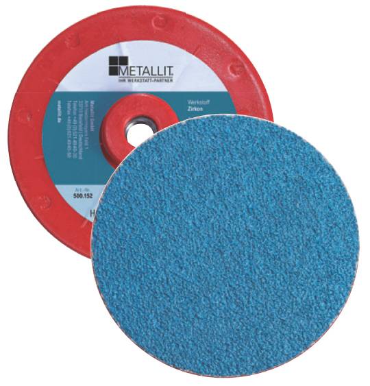 Zwei Schleifscheiben, eine blaue und eine mit rotem Rücken mit METALLIT-Etikett, überlappt auf weißem Hintergrund dargestellt.