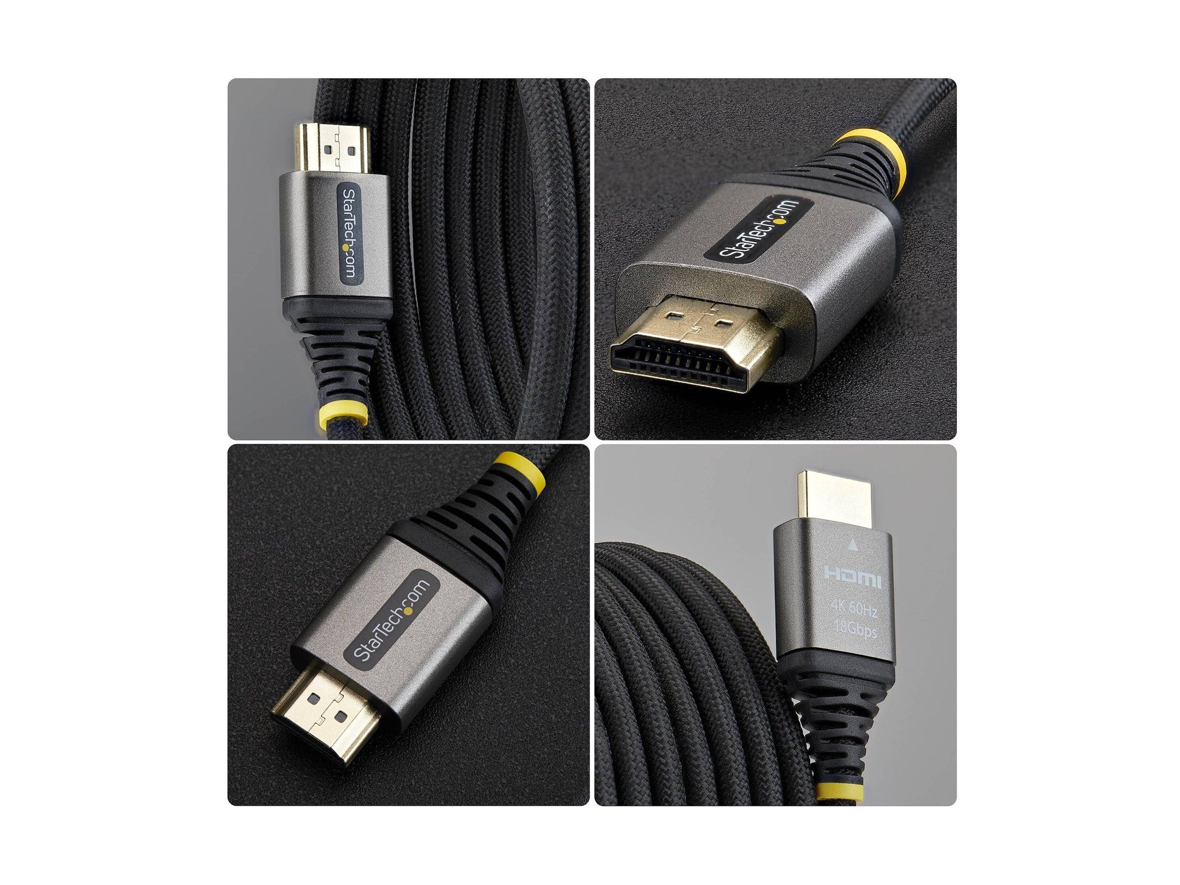 Collage eines schwarzen HDMI-Kabels mit vergoldeten Steckverbindern, gezeigt als aufgerolltes Kabel und in Nahaufnahmen des Steckers und des Markenverbindungsgehäuses.