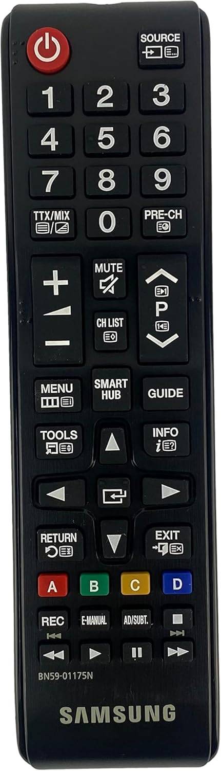 Samsung TV-Fernbedienung mit rotem Einschaltknopf, Ziffernblock, Lautstärke- und Kanalsteuerung, Navigationsfeld und farbigen Funktionstaste.