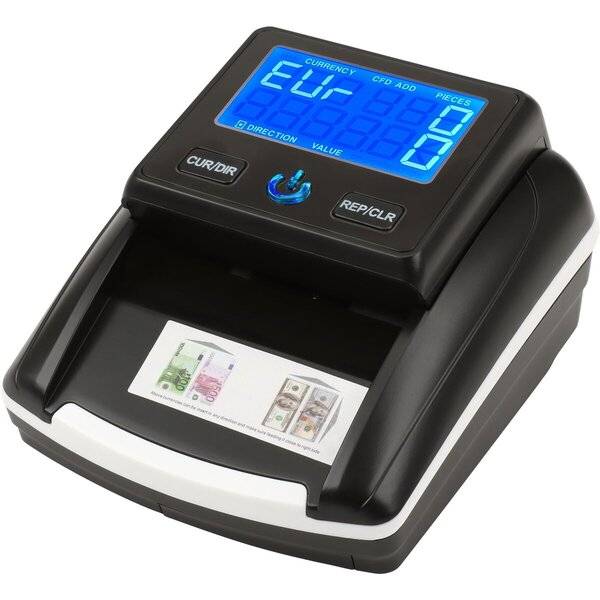 Schwarzes Währungszählgerät mit blauem digitalen Display und Geldschein-Tablett zum Zählen von Papiergeld.