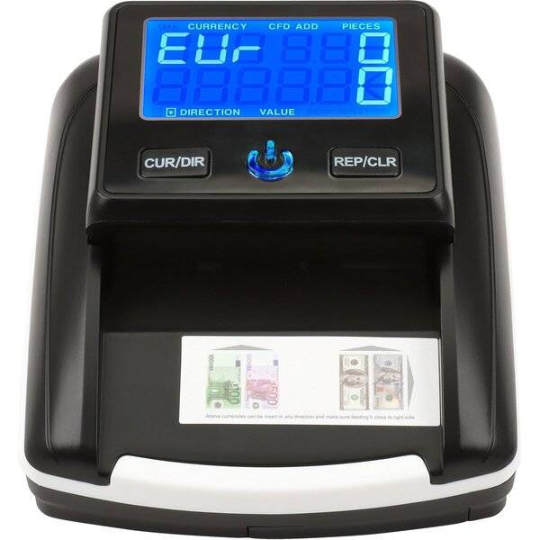 Elektronischer Geldscheinzähler mit blauem Display, das EUR anzeigt, und Tasten für Währung/Richtung und Wiederholen/Löschen, der Geldscheine durch den Schlitz führt.