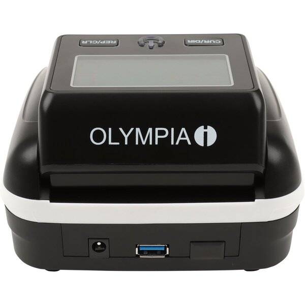 Schwarzer Olympia Desktop-Bondrucker mit Display, Vorschubknöpfen, Stromanschluss und USB-Anschluss auf der Vorderseite.