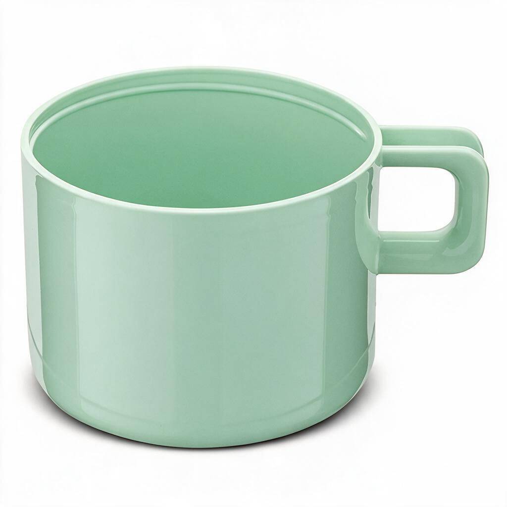 Mintgrüne Keramiktasse mit quadratischem Griff, auf weißem Hintergrund gezeigt.