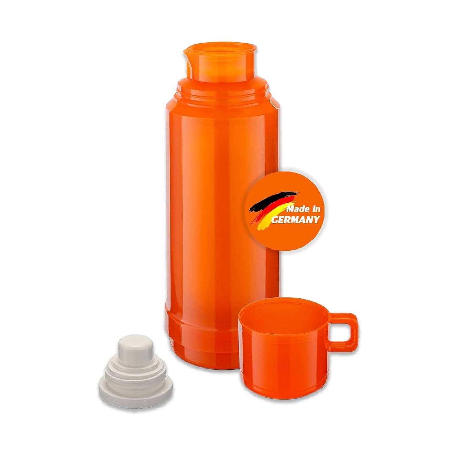 Orange Kunststoffflasche mit Schraubverschluss, passendem Becher und 