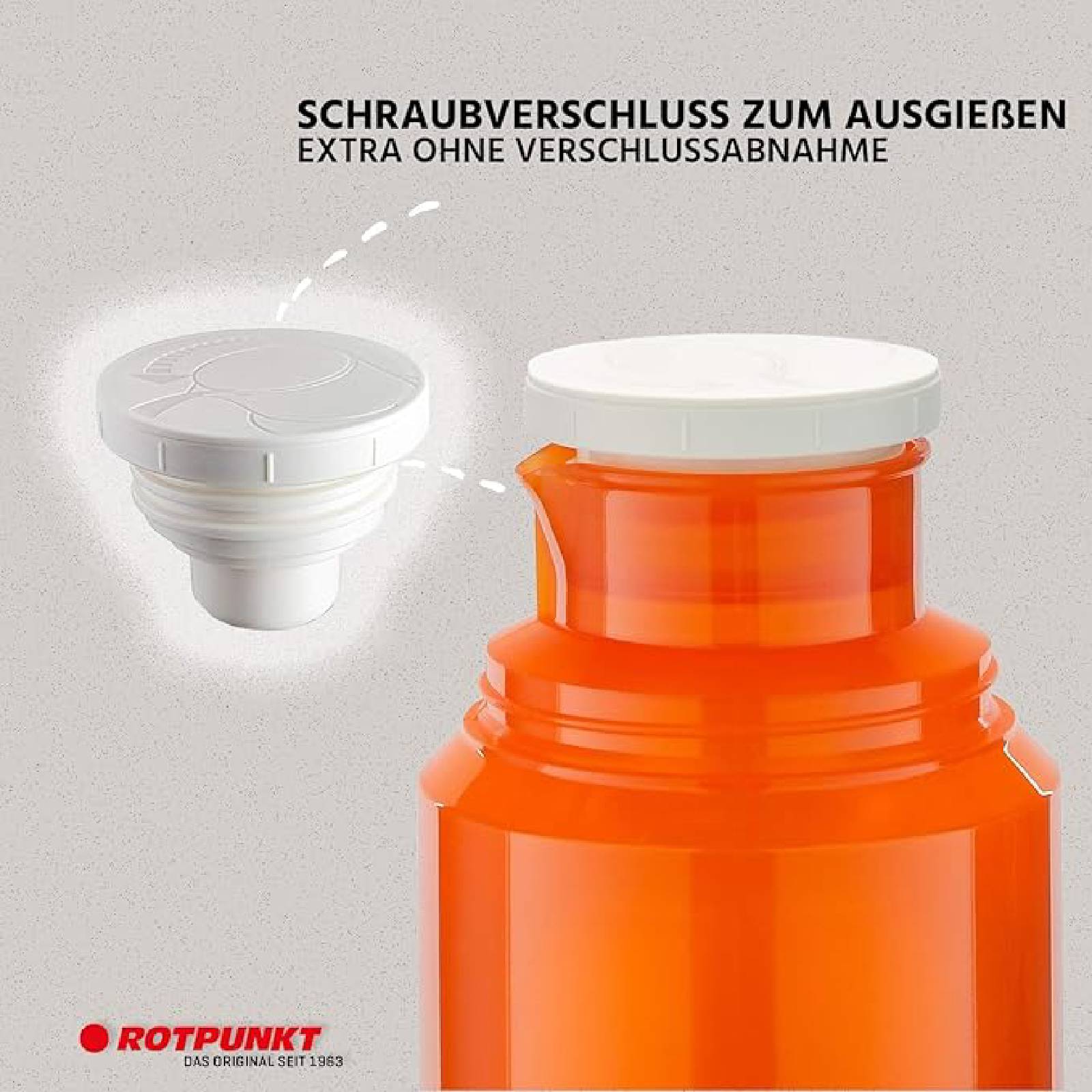 Anzeige zeigt eine orange Flasche mit weißem Schraubverschluss und einem separaten Ausgießeinsatz; deutscher Text besagt „Schraubverschluss zum Ausgießen, extra ohne Verschlussöffnung.
