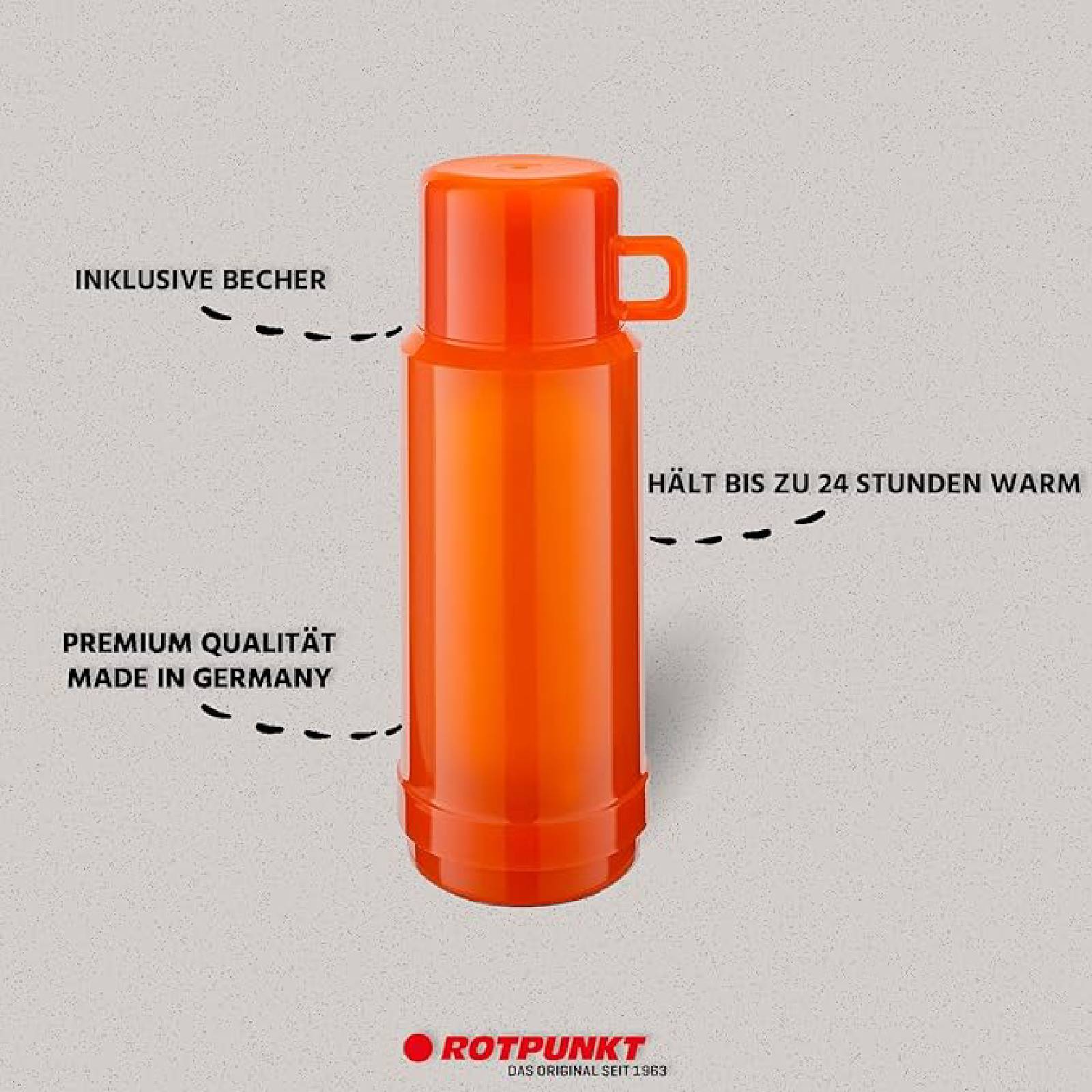 Orange isolierte Thermoskanne mit Becher, mit den Aufschriften „inklusive Becher