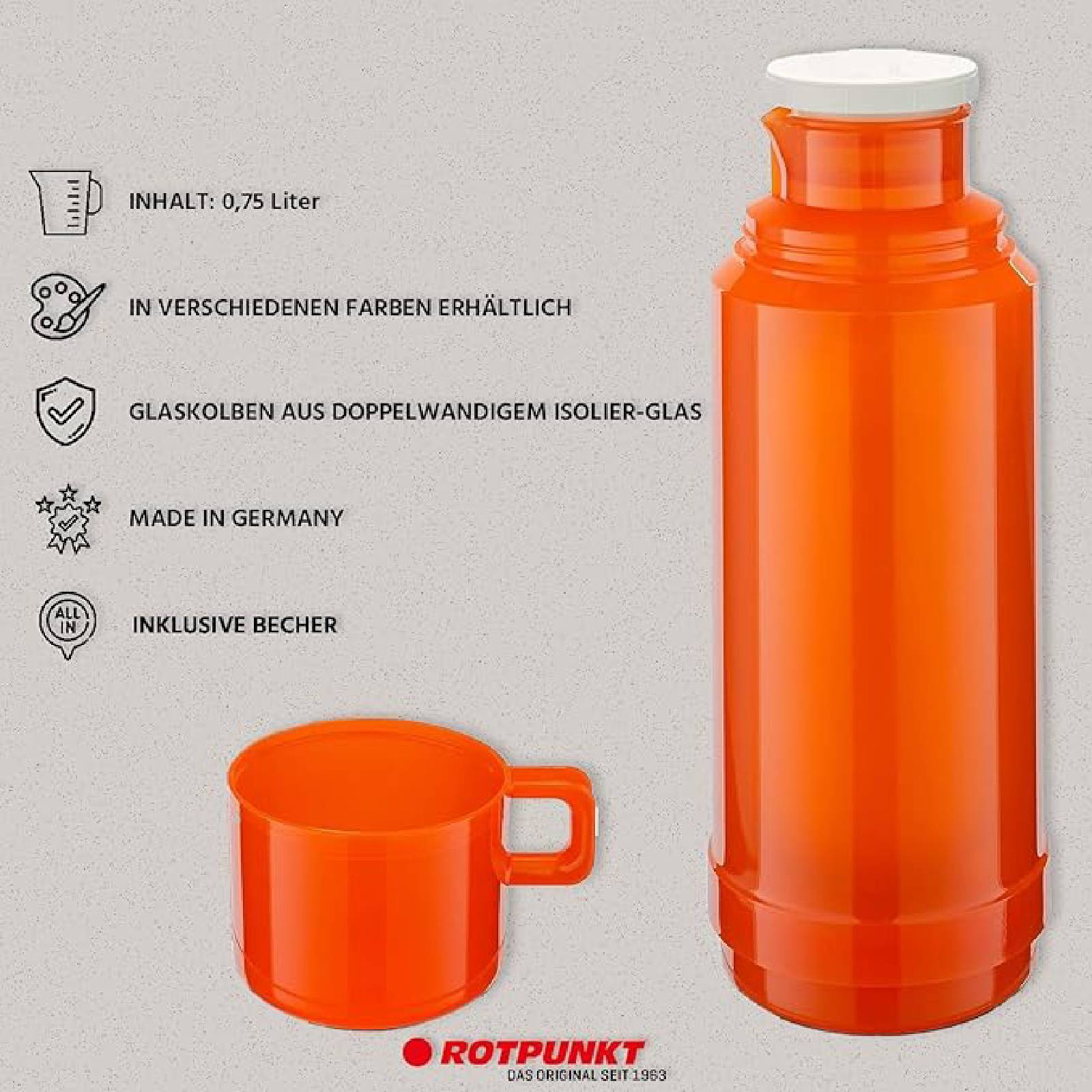 Orange isolierte Glasflasche mit passendem Becher; Text listet 0,75 Liter Fassungsvermögen auf, in verschiedenen Farben erhältlich, Made in Germany, Becher enthalten.